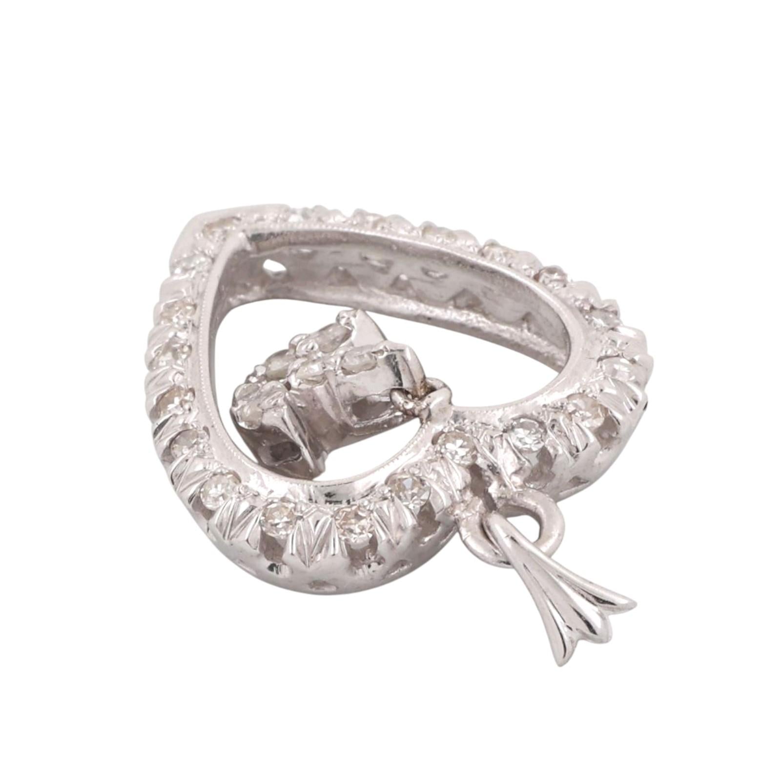 Diamond Open Heart Dangle Accent Pendant Charm White Gold 0.50 TW 1.10" Estate