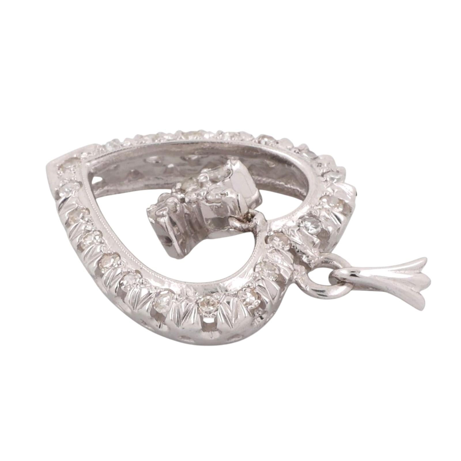 Diamond Open Heart Dangle Accent Pendant Charm White Gold 0.50 TW 1.10" Estate