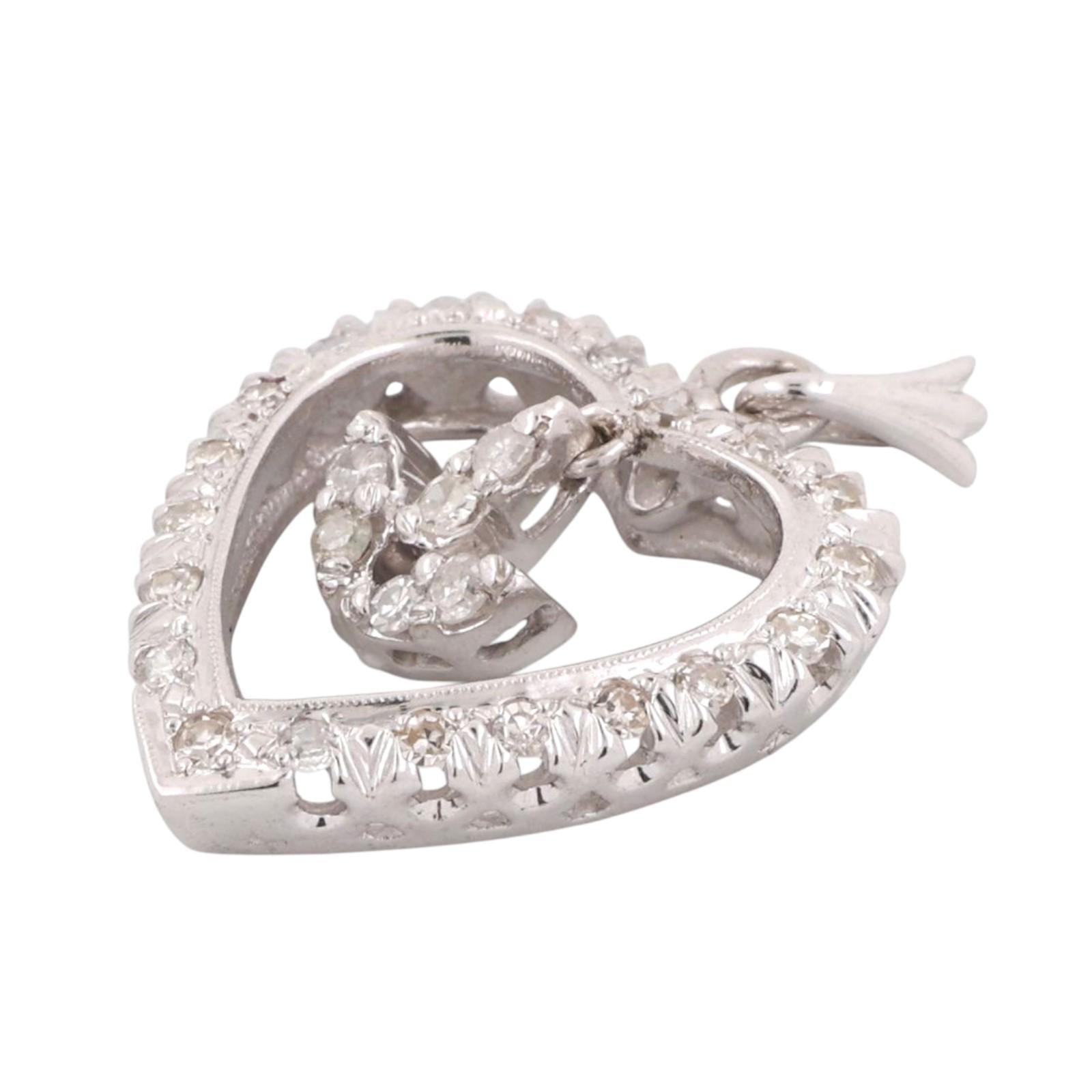 Diamond Open Heart Dangle Accent Pendant Charm White Gold 0.50 TW 1.10" Estate