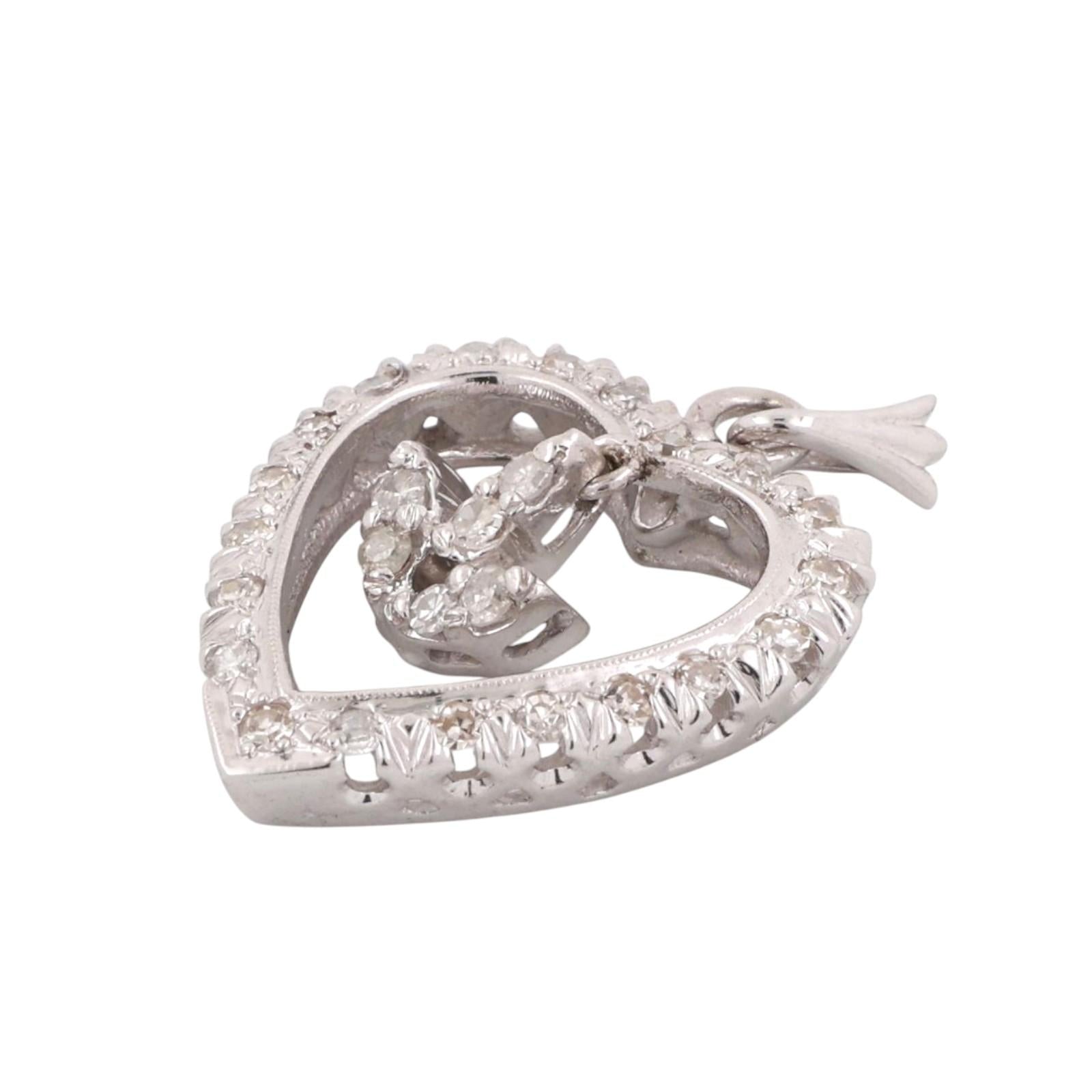 Diamond Open Heart Dangle Accent Pendant Charm White Gold 0.50 TW 1.10" Estate