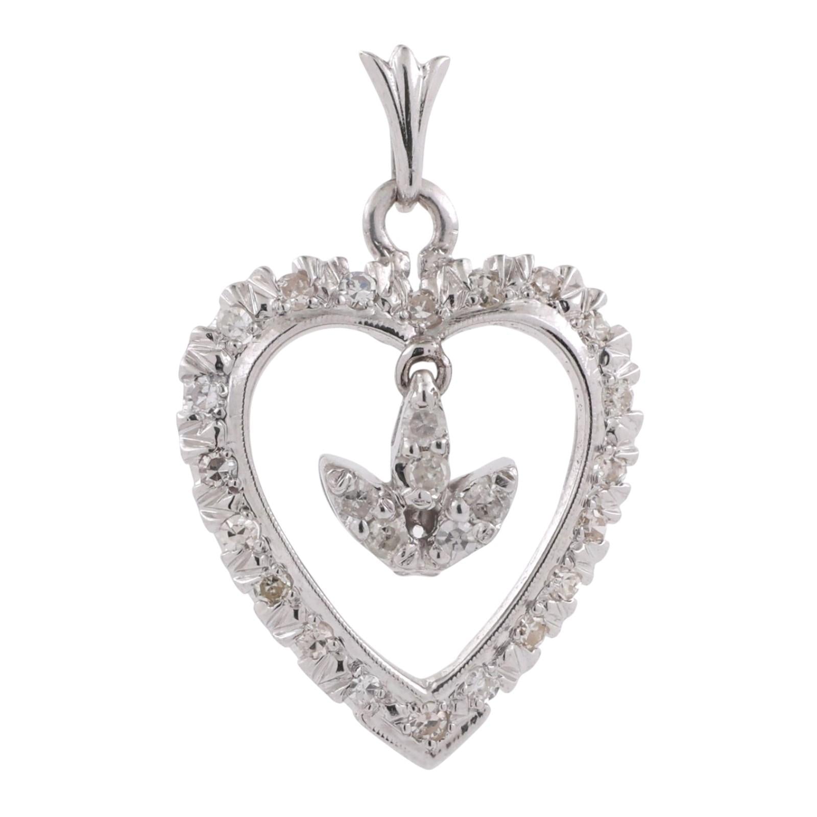 Diamond Open Heart Dangle Accent Pendant Charm White Gold 0.50 TW 1.10" Estate