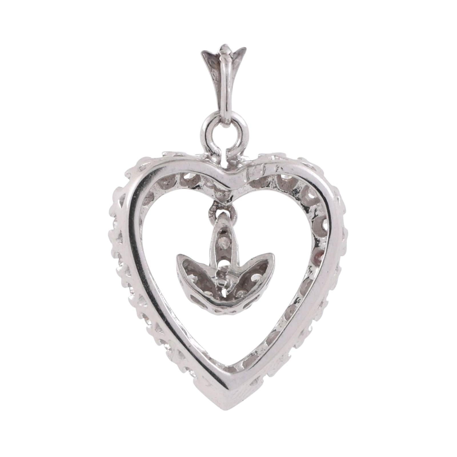 Diamond Open Heart Dangle Accent Pendant Charm White Gold 0.50 TW 1.10" Estate