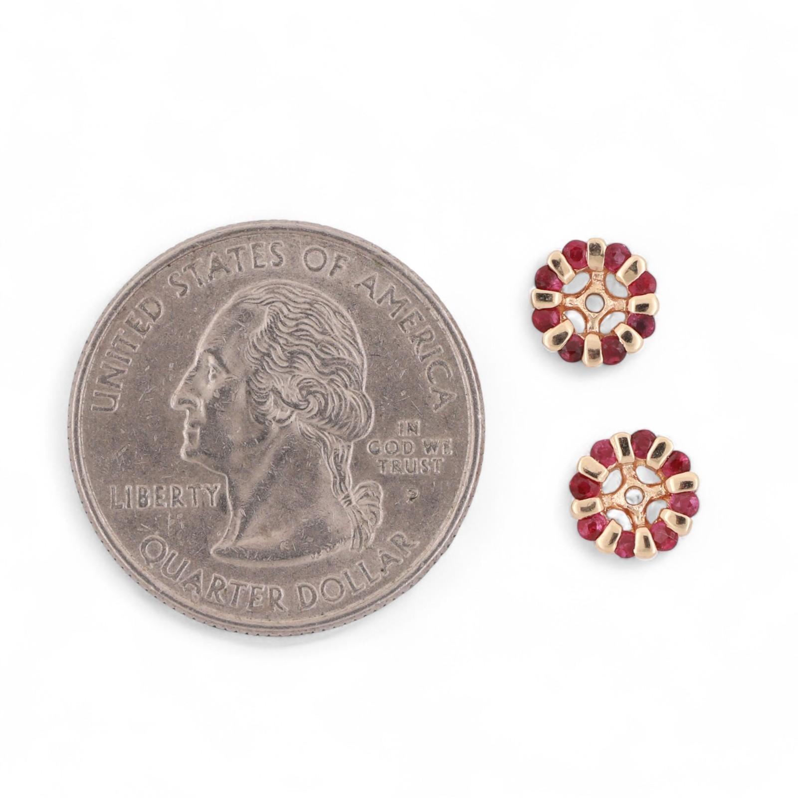 0.32 CTW Ruby Flower Earring Jackets 14K Yellow Gold 3 mm Studs Ladies Estate