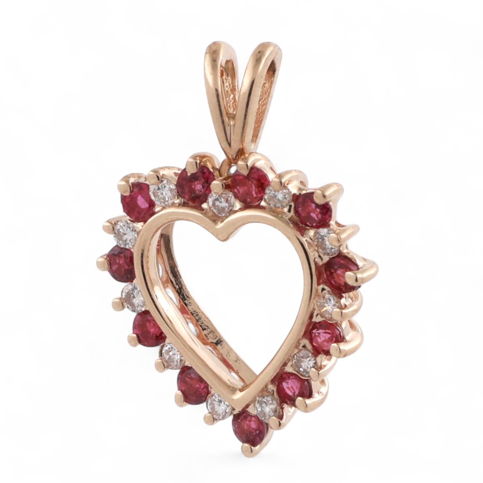 Ruby Diamond Open Heart Pendant Charm 14K Yellow Gold 0.69 CTW 0.80" Ladies