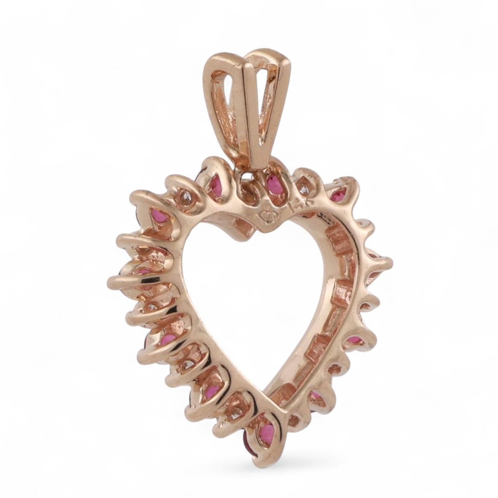 Ruby Diamond Open Heart Pendant Charm 14K Yellow Gold 0.69 CTW 0.80" Ladies
