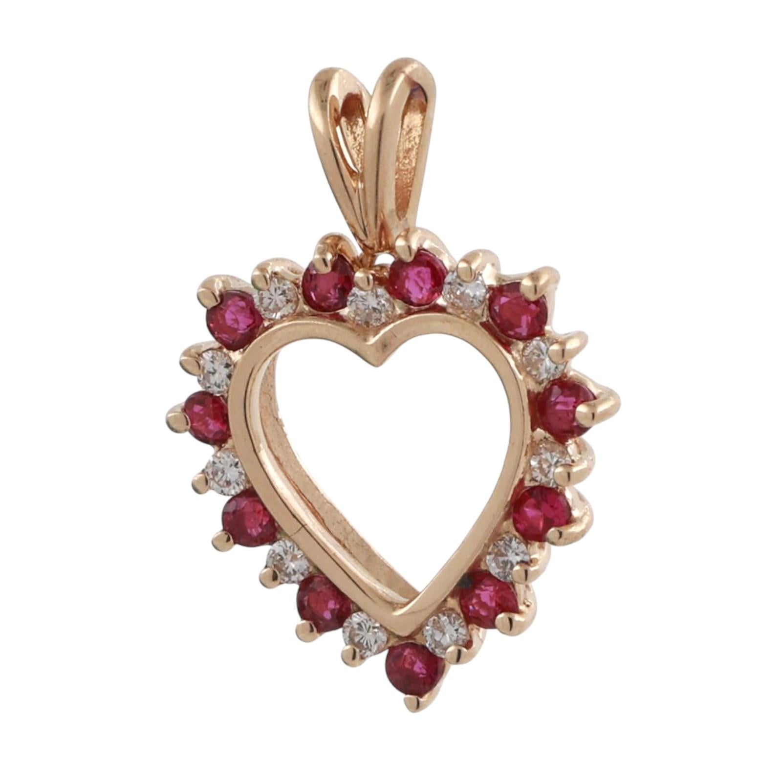 Ruby Diamond Open Heart Pendant Charm 14K Yellow Gold 0.66 CTW 0.80" Ladies