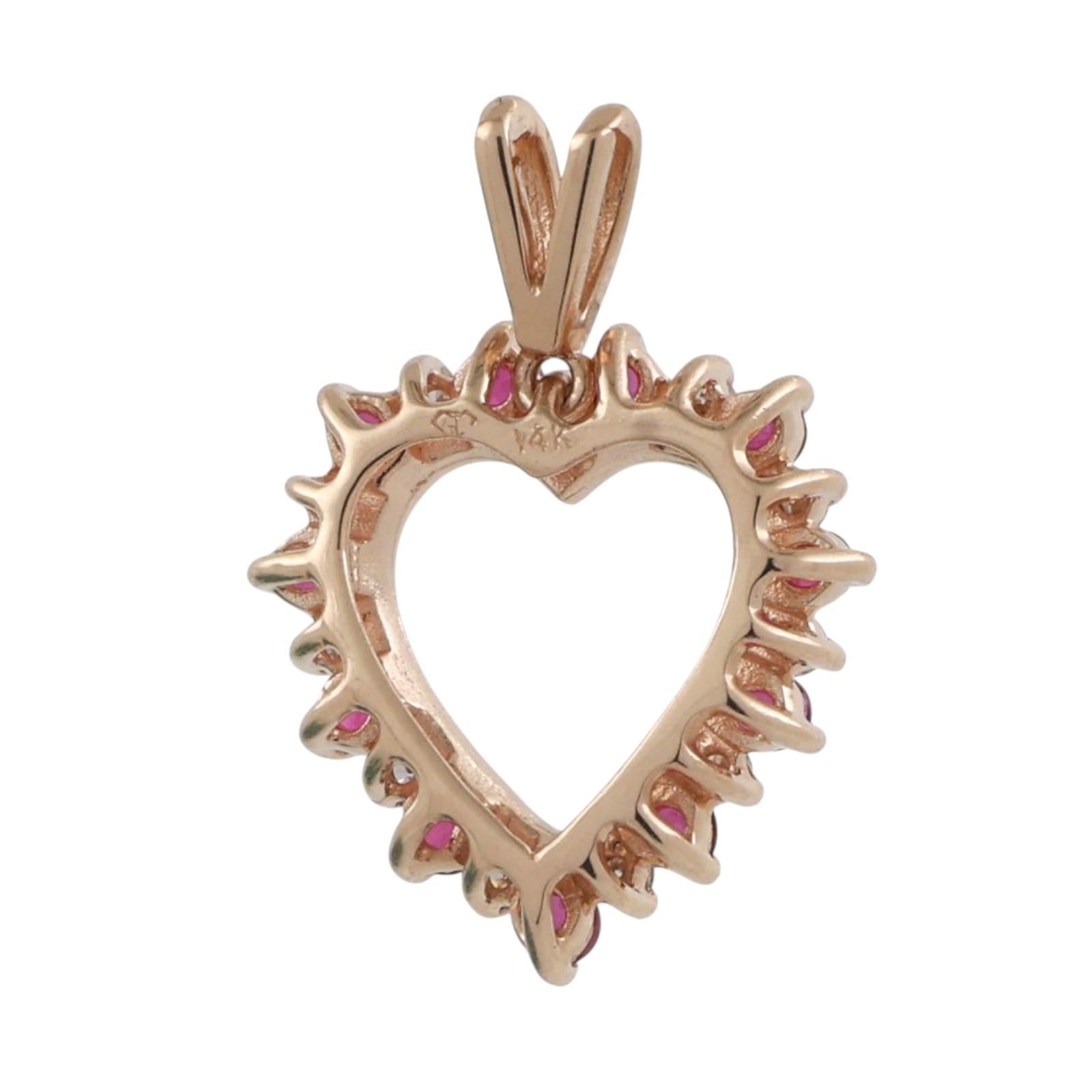 Ruby Diamond Open Heart Pendant Charm 14K Yellow Gold 0.66 CTW 0.80" Ladies