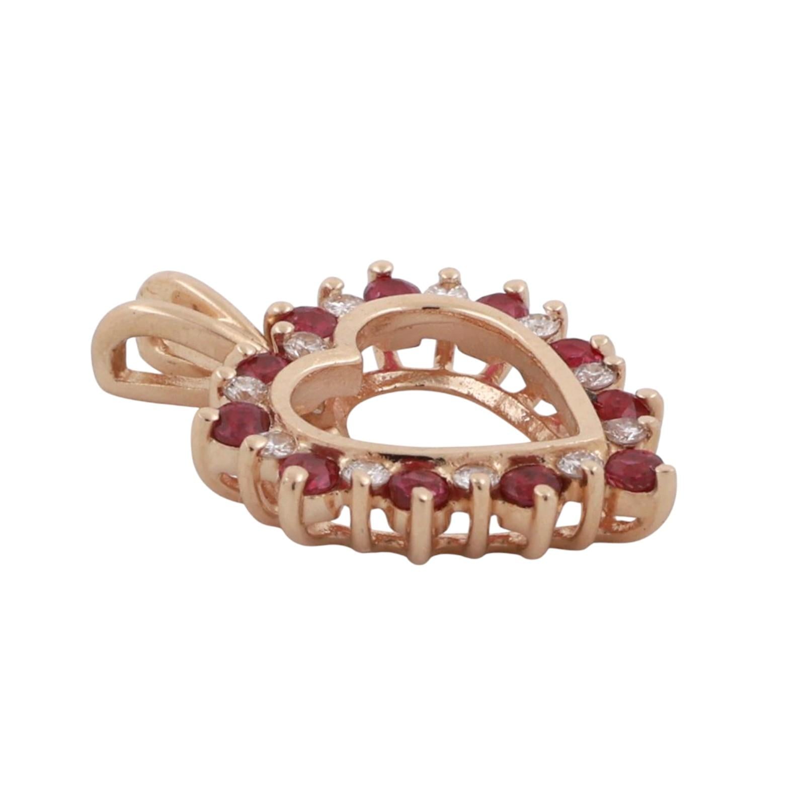 Ruby Diamond Open Heart Pendant Charm 14K Yellow Gold 0.66 CTW 0.80" Ladies
