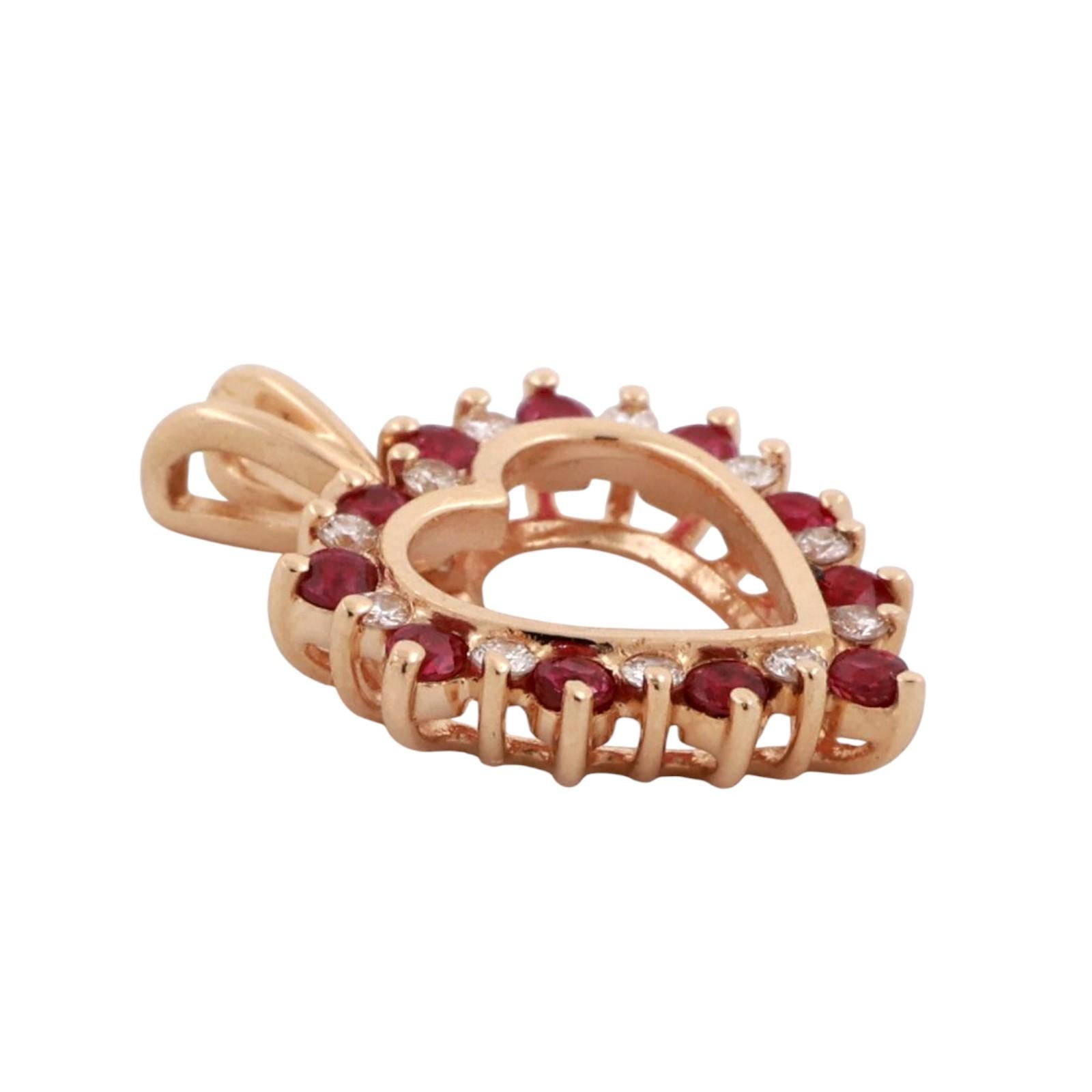 Ruby Diamond Open Heart Pendant Charm 14K Yellow Gold 0.66 CTW 0.80" Ladies