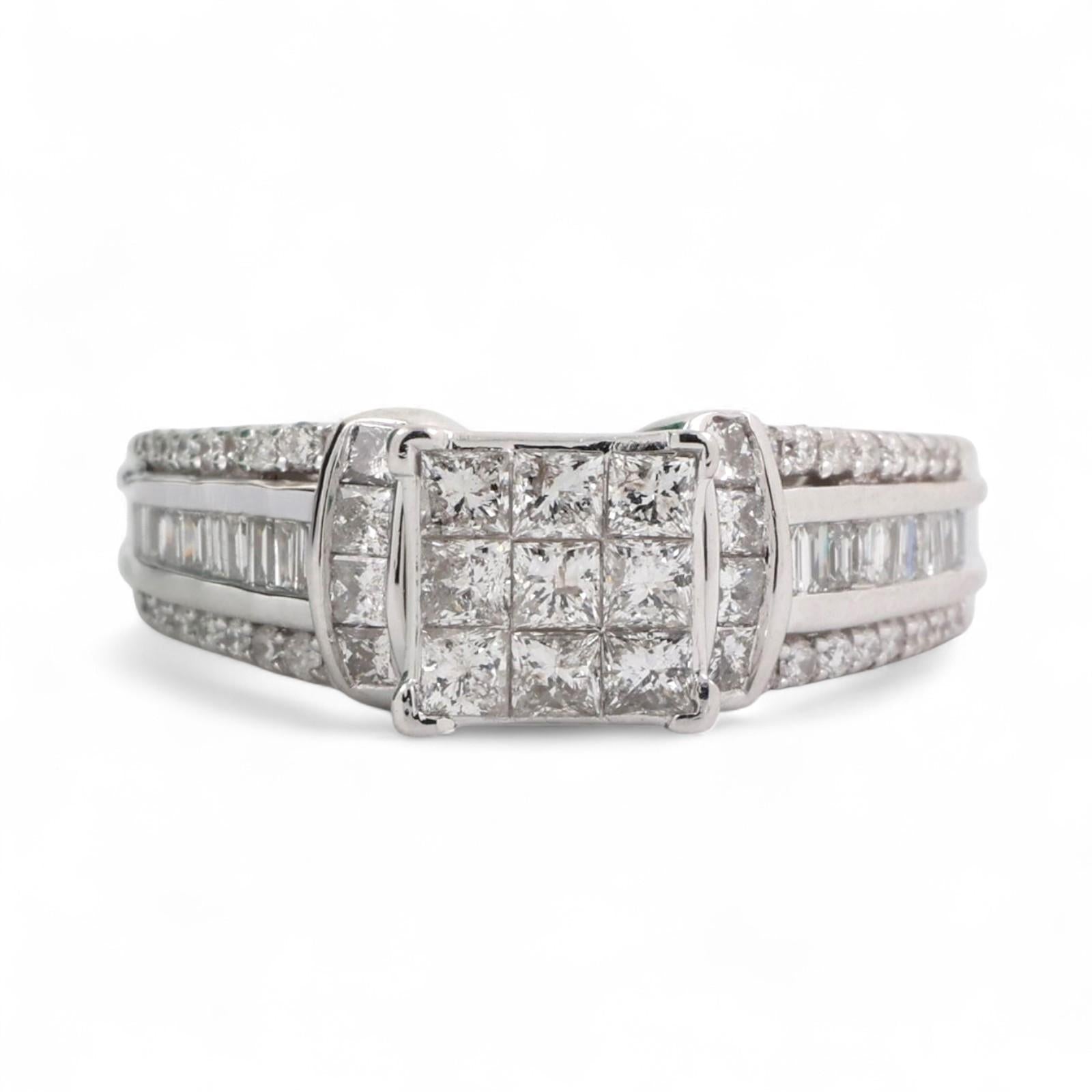1.25 TW Princess Cut Cluster Diamond Ring 14K Gold Round Baguette Acc SZ 7.25