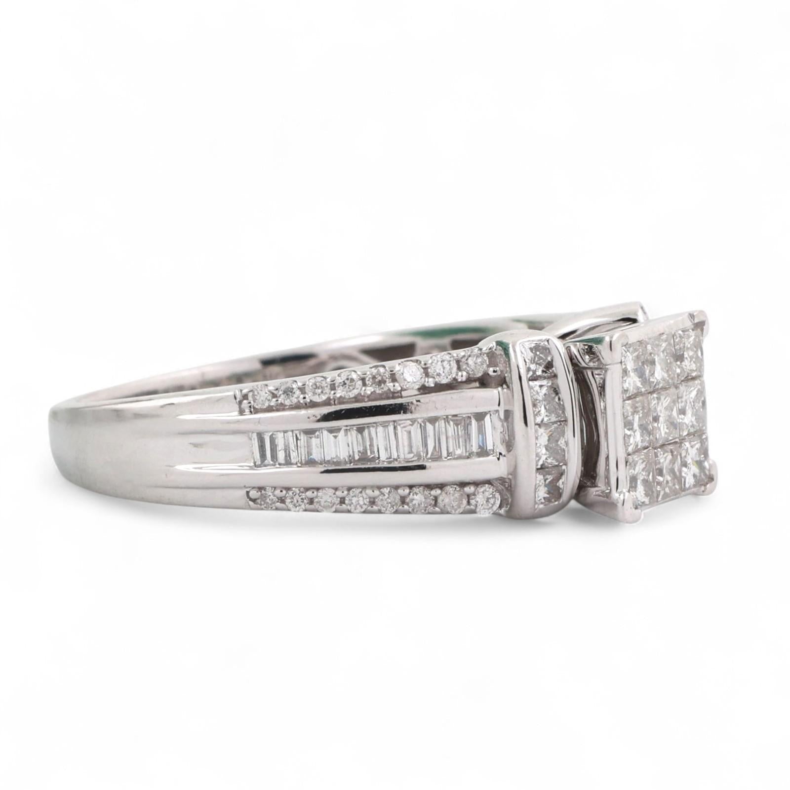 1.25 TW Princess Cut Cluster Diamond Ring 14K Gold Round Baguette Acc SZ 7.25