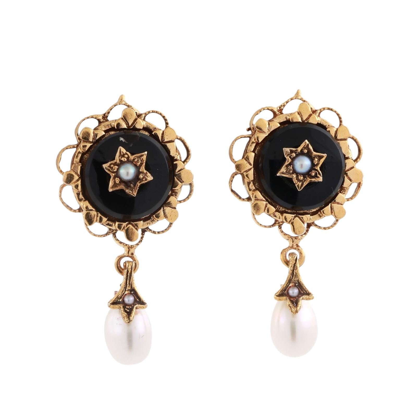 Vintage Onyx Pearl Filigree Dangle Earrings 14K Yellow Gold 0.80" Ladies Estate