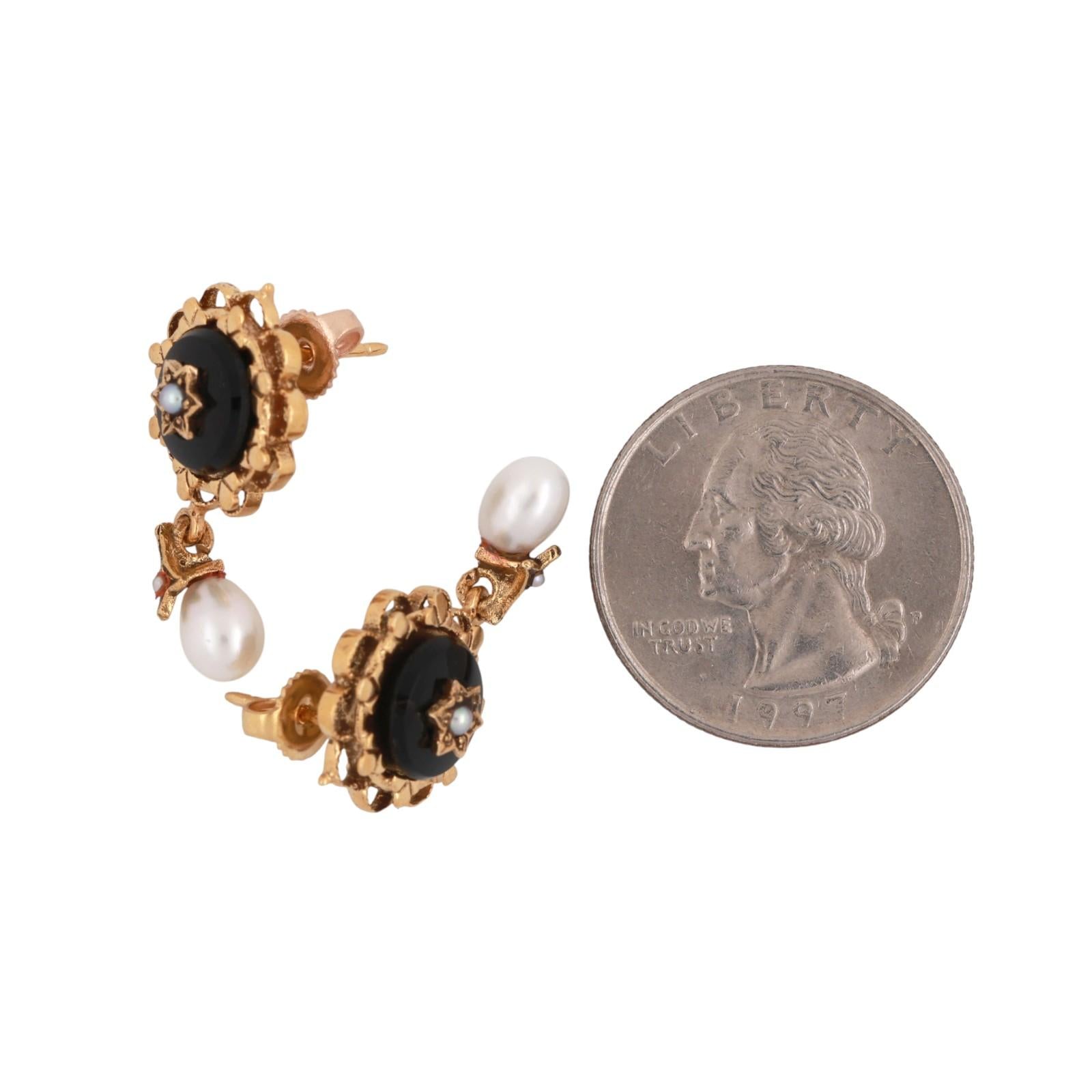 Vintage Onyx Pearl Filigree Dangle Earrings 14K Yellow Gold 0.80" Ladies Estate