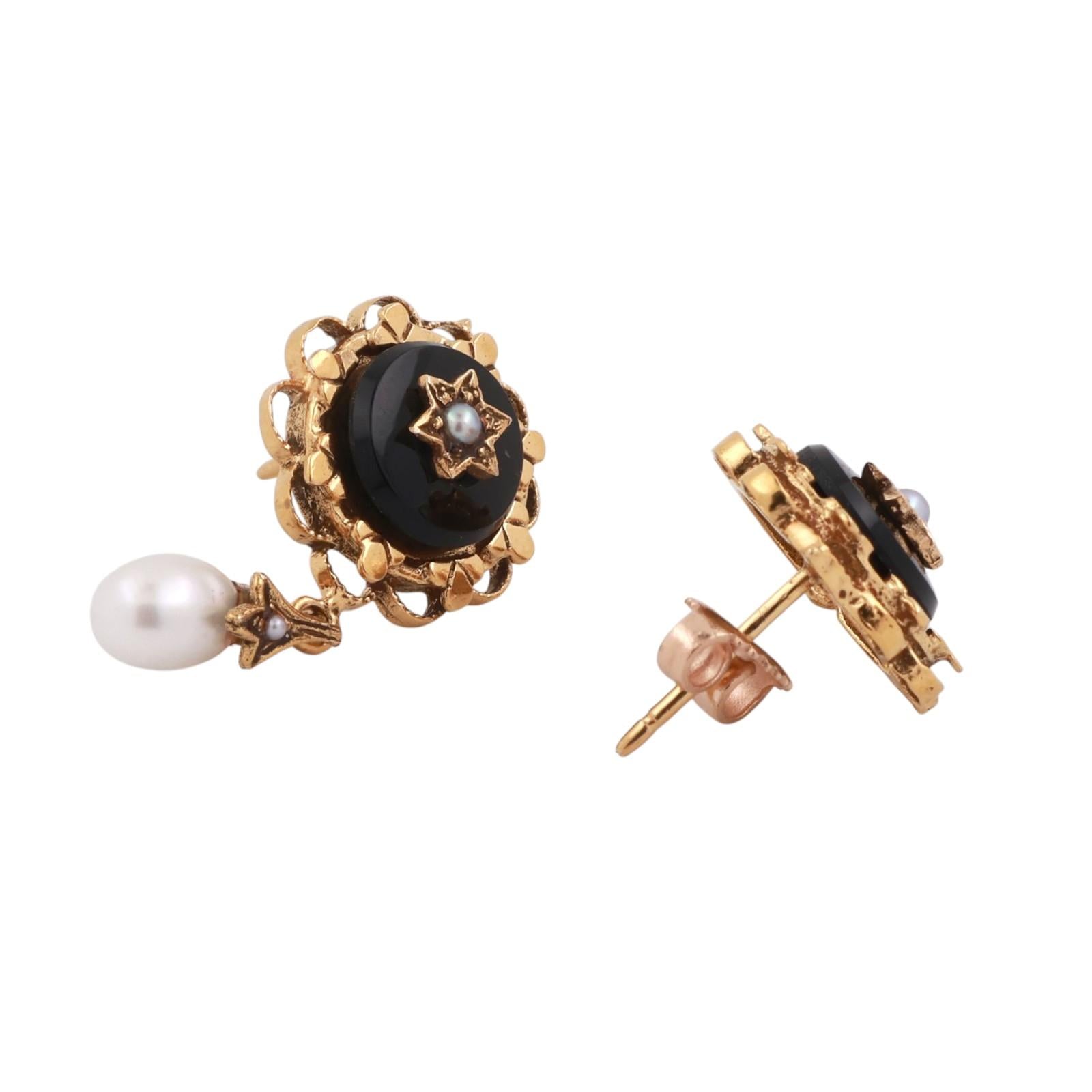 Vintage Onyx Pearl Filigree Dangle Earrings 14K Yellow Gold 0.80" Ladies Estate