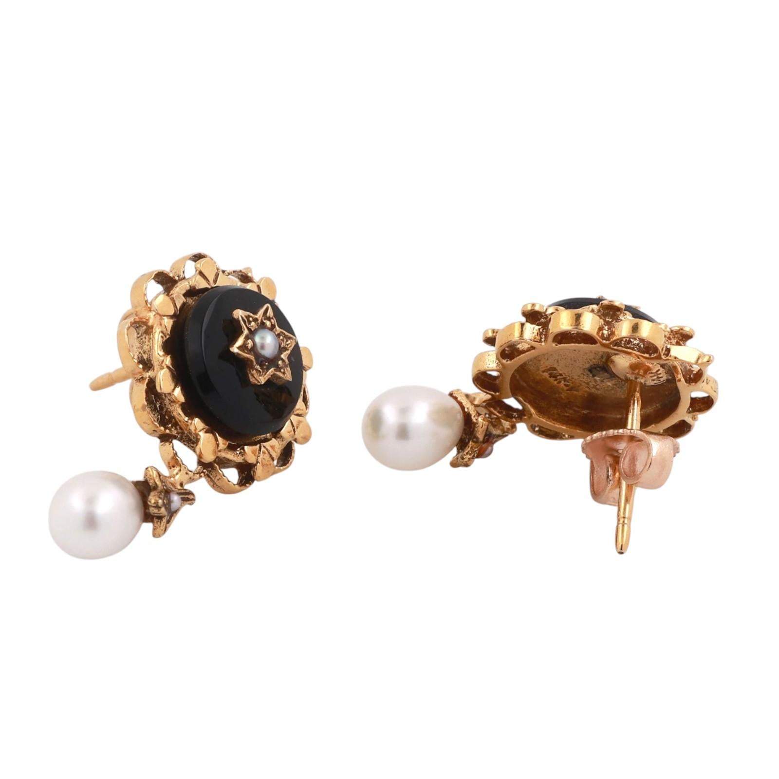 Vintage Onyx Pearl Filigree Dangle Earrings 14K Yellow Gold 0.80" Ladies Estate