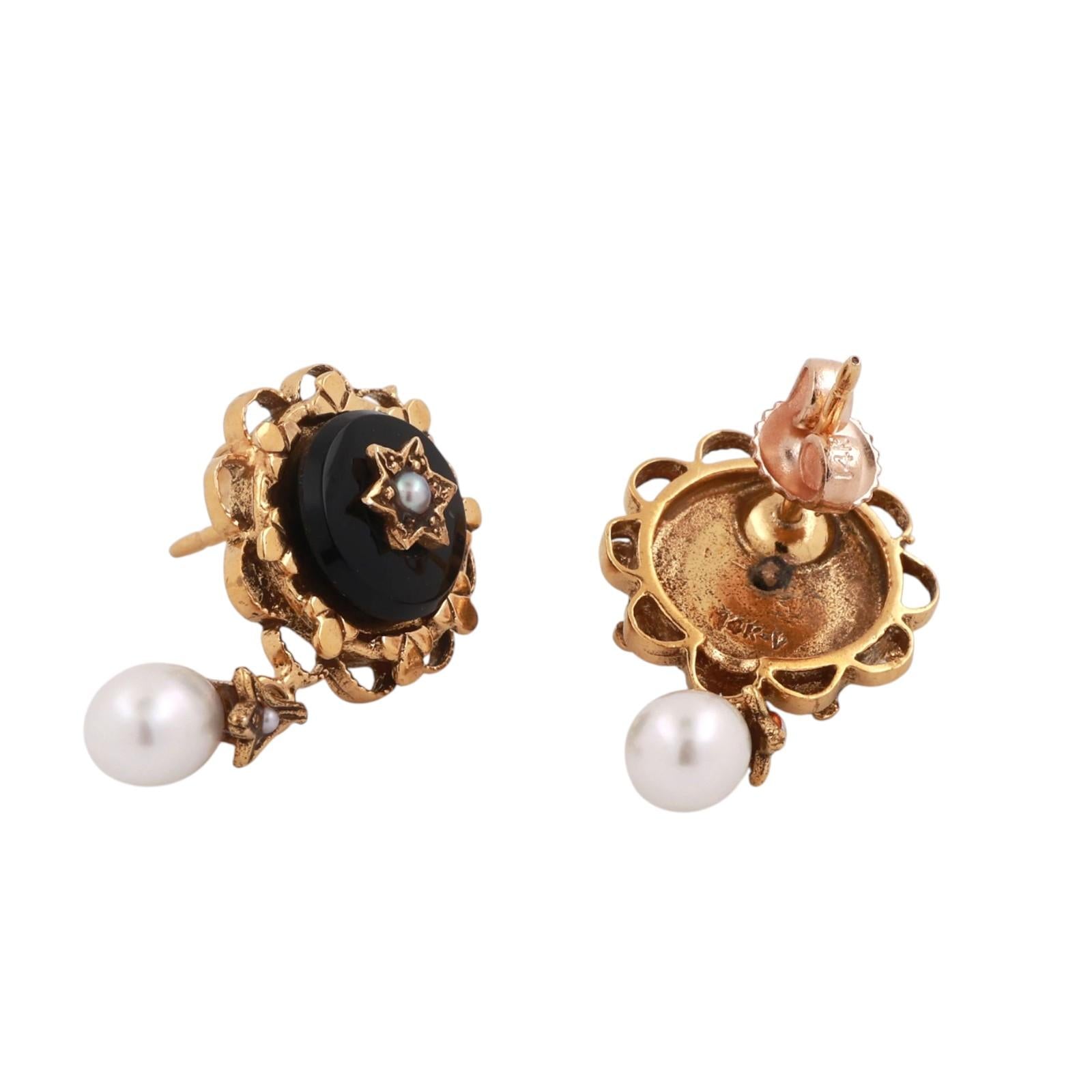 Vintage Onyx Pearl Filigree Dangle Earrings 14K Yellow Gold 0.80" Ladies Estate