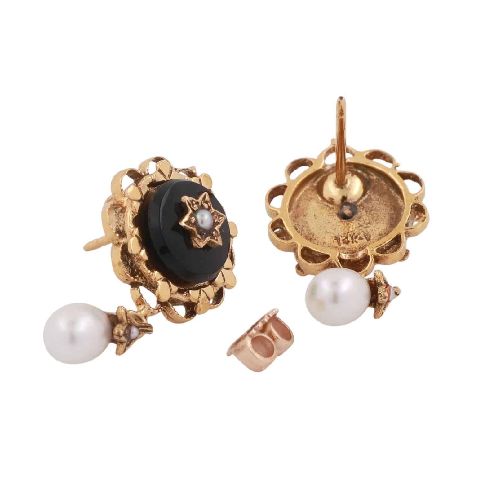 Vintage Onyx Pearl Filigree Dangle Earrings 14K Yellow Gold 0.80" Ladies Estate