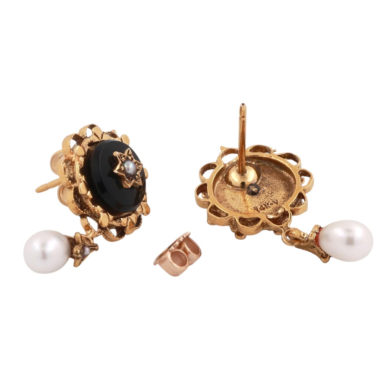 Vintage Onyx Pearl Filigree Dangle Earrings 14K Yellow Gold 0.80" Ladies Estate