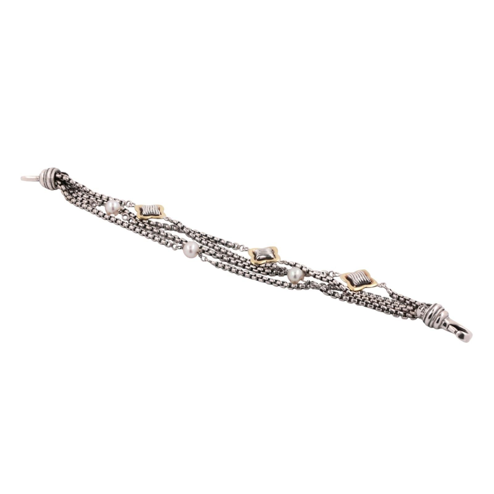 David Yurman Pearl MultiStrand Quatrefoil Bracelet Sterling Silver 18K Gold 7.5"