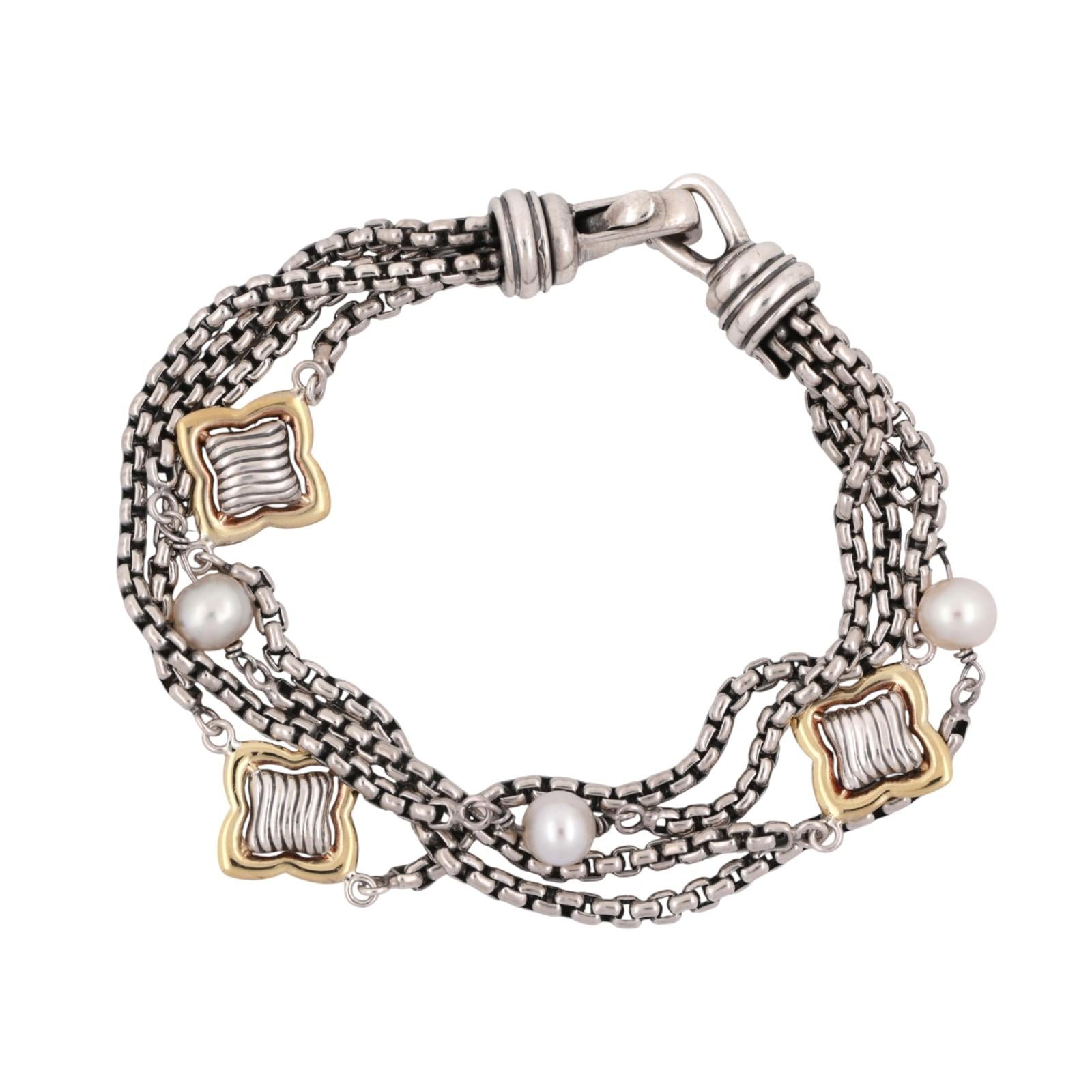 David Yurman Pearl MultiStrand Quatrefoil Bracelet Sterling Silver 18K Gold 7.5"