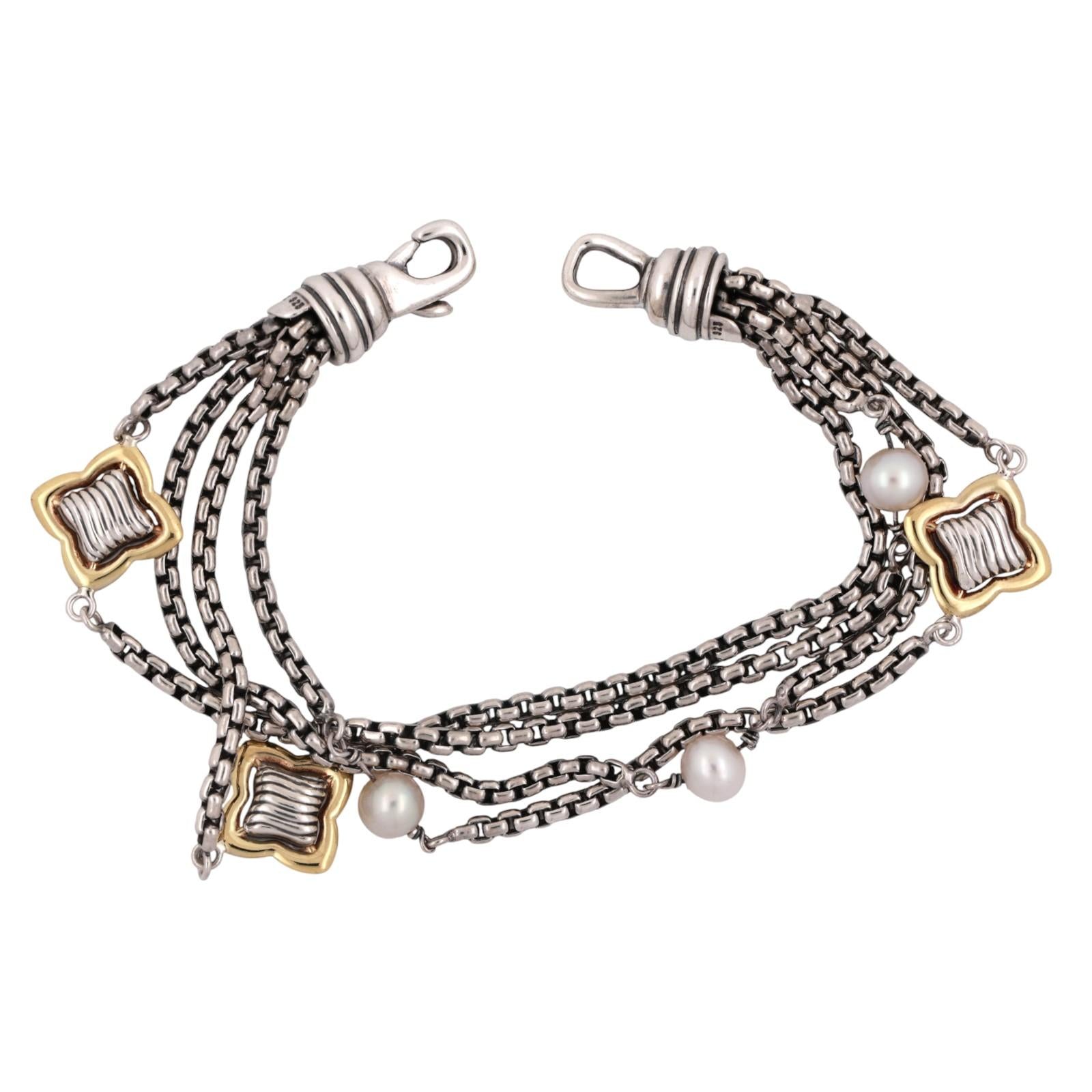 David Yurman Pearl MultiStrand Quatrefoil Bracelet Sterling Silver 18K Gold 7.5"