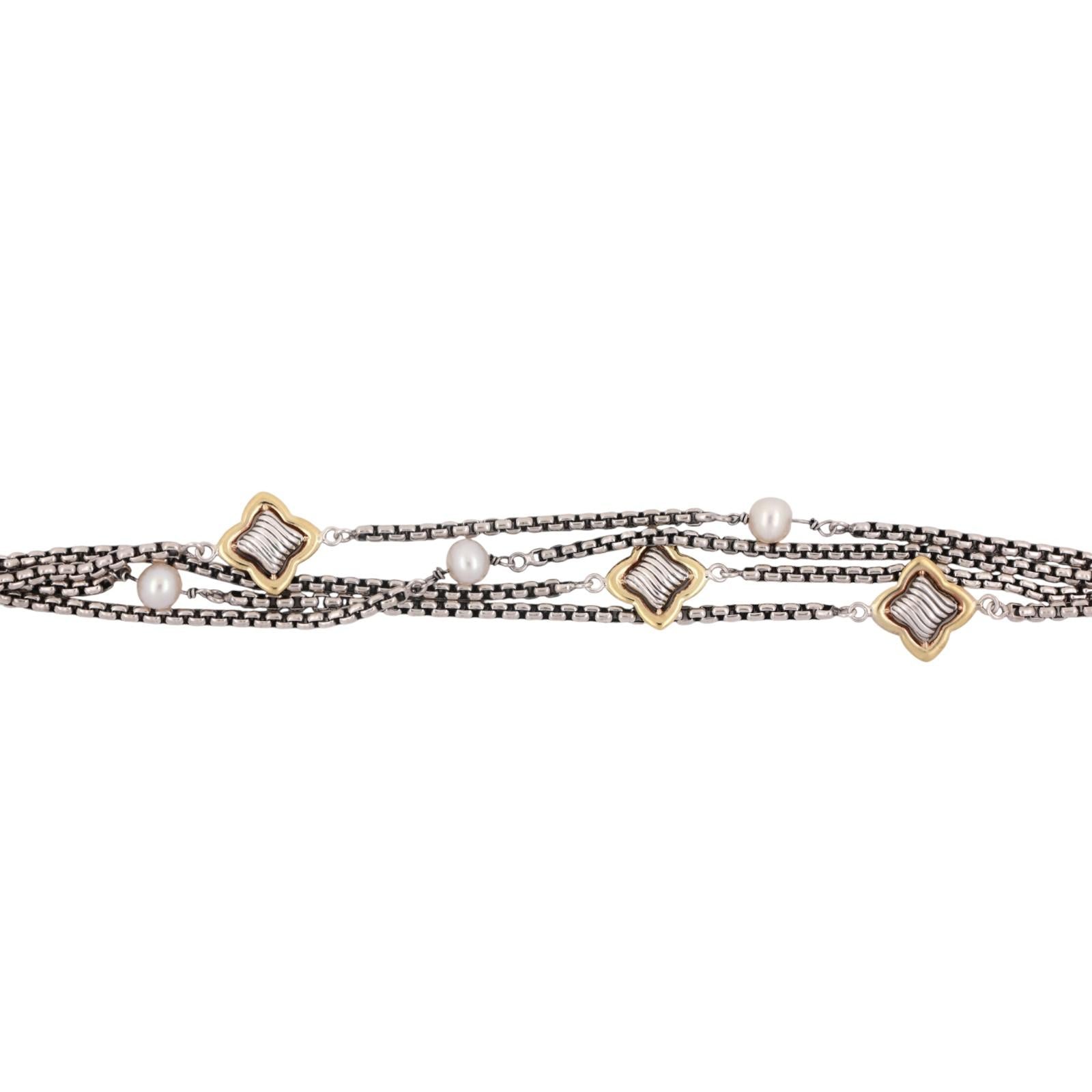 David Yurman Pearl MultiStrand Quatrefoil Bracelet Sterling Silver 18K Gold 7.5"
