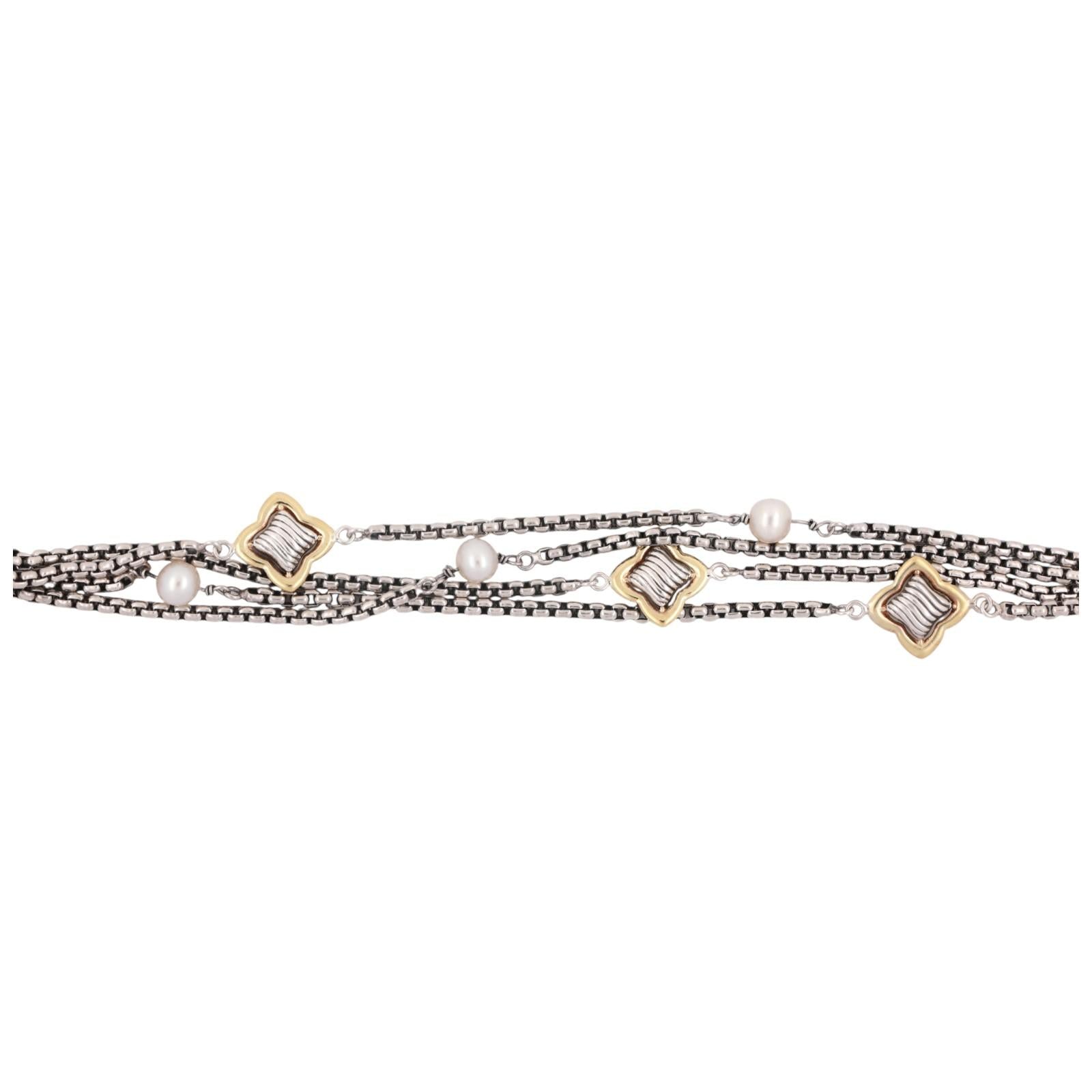 David Yurman Pearl MultiStrand Quatrefoil Bracelet Sterling Silver 18K Gold 7.5"