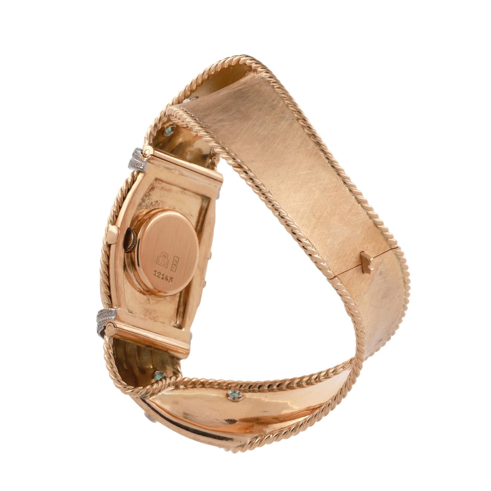 Ladies 1970s Omega Cover Case Watch Bracelet 18K Gold Diamonds Emeralds 6.75"