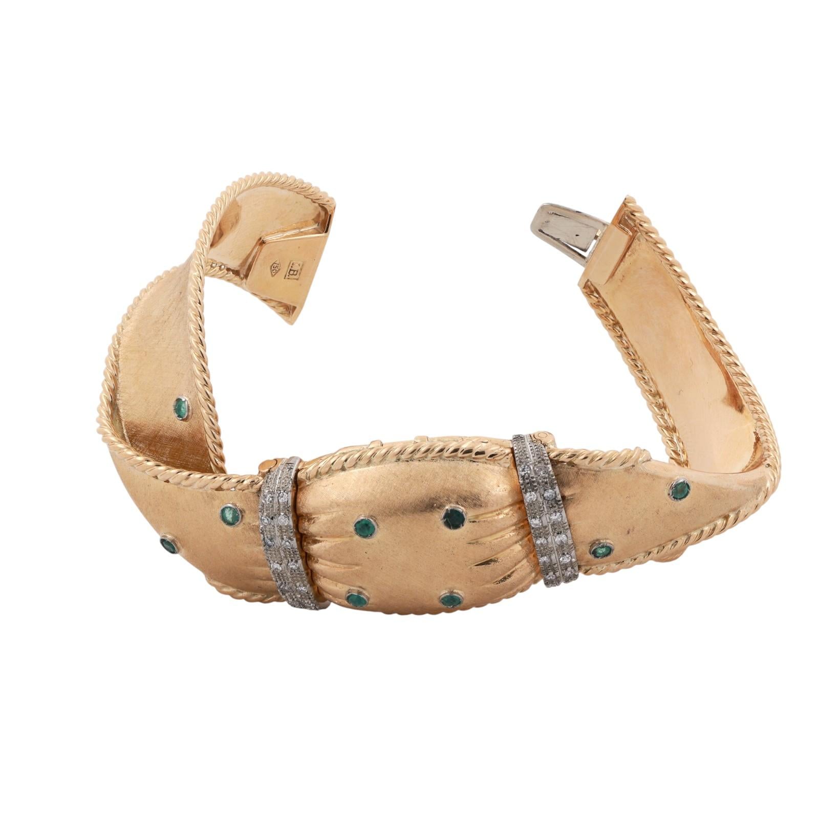 Ladies 1970s Omega Cover Case Watch Bracelet 18K Gold Diamonds Emeralds 6.75"