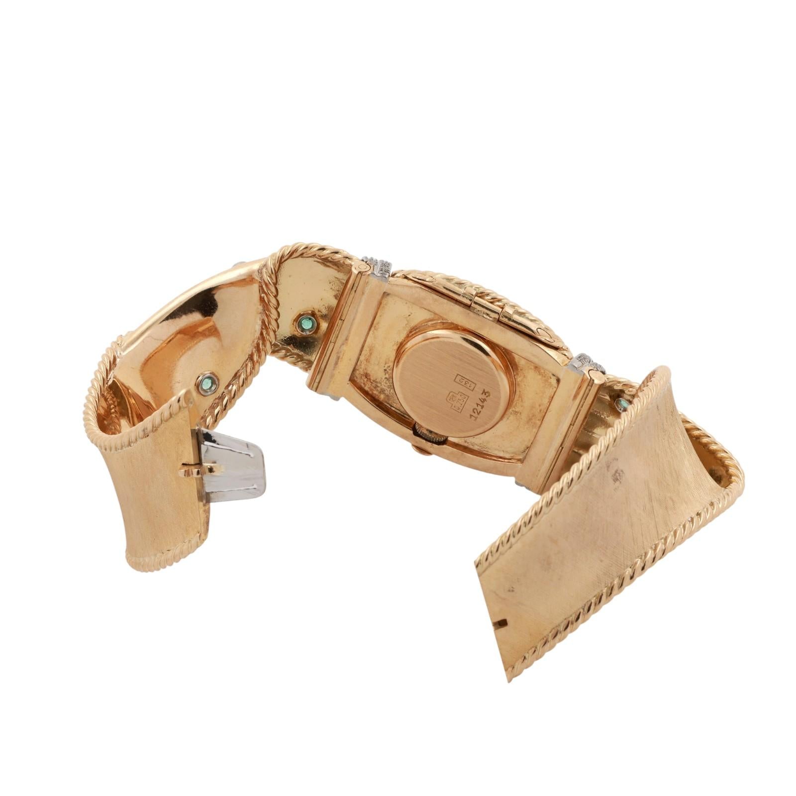 Ladies 1970s Omega Cover Case Watch Bracelet 18K Gold Diamonds Emeralds 6.75"