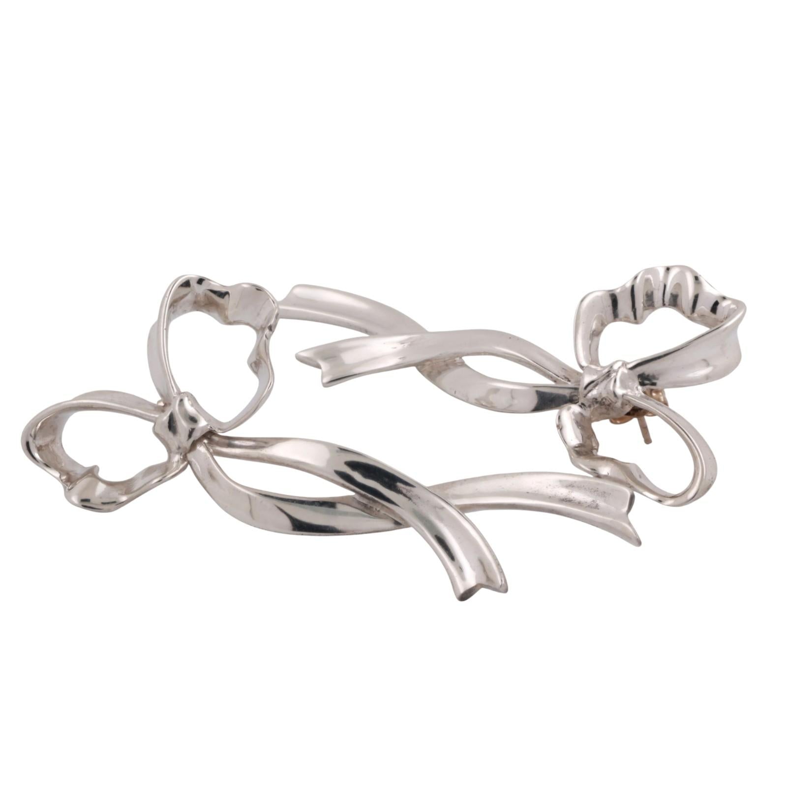 Vintage Tiffany & Co. 1985 Bow Ribbon Earrings Sterling Silver 1.85" Ladies