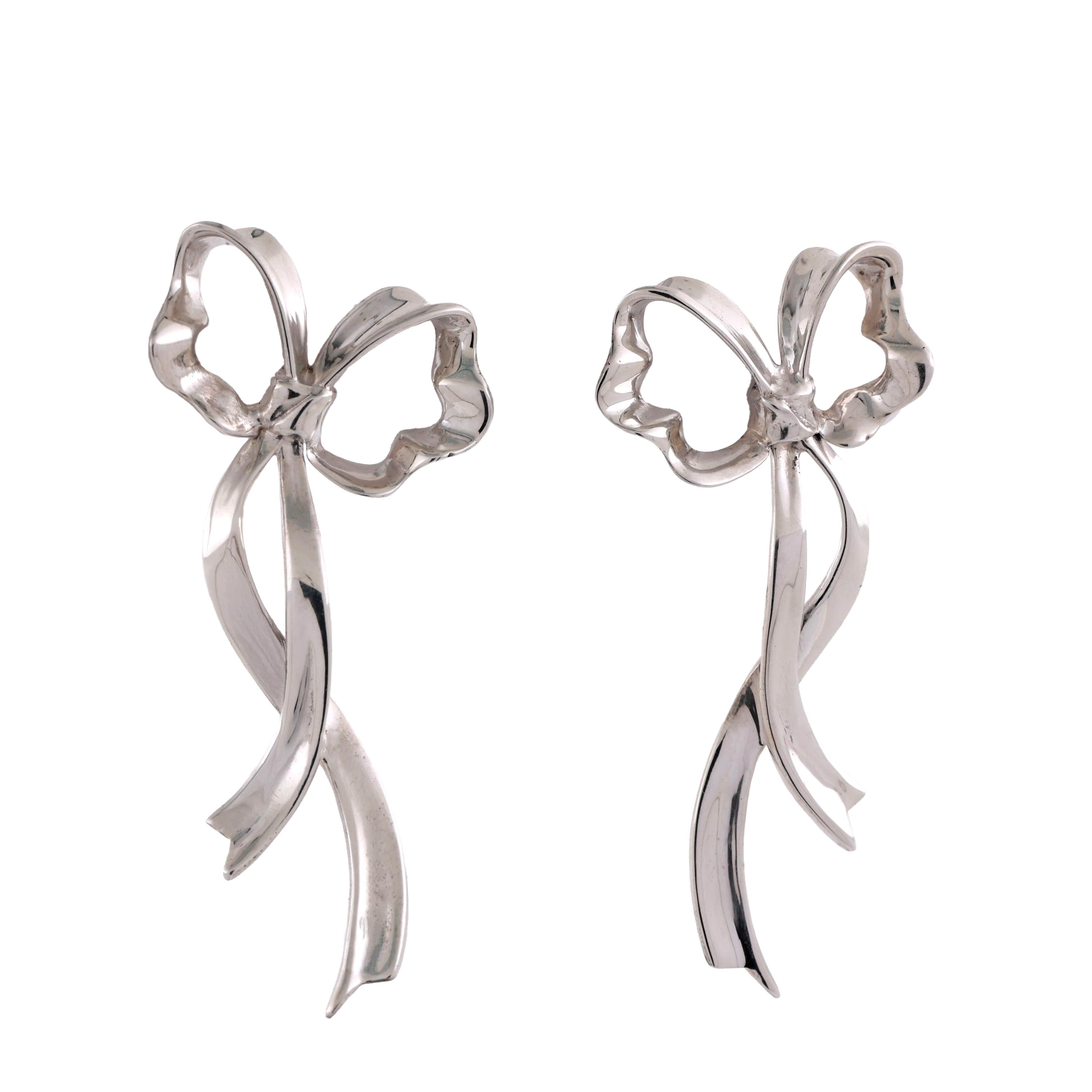 Vintage Tiffany & Co. 1985 Bow Ribbon Earrings Sterling Silver 1.85" Ladies