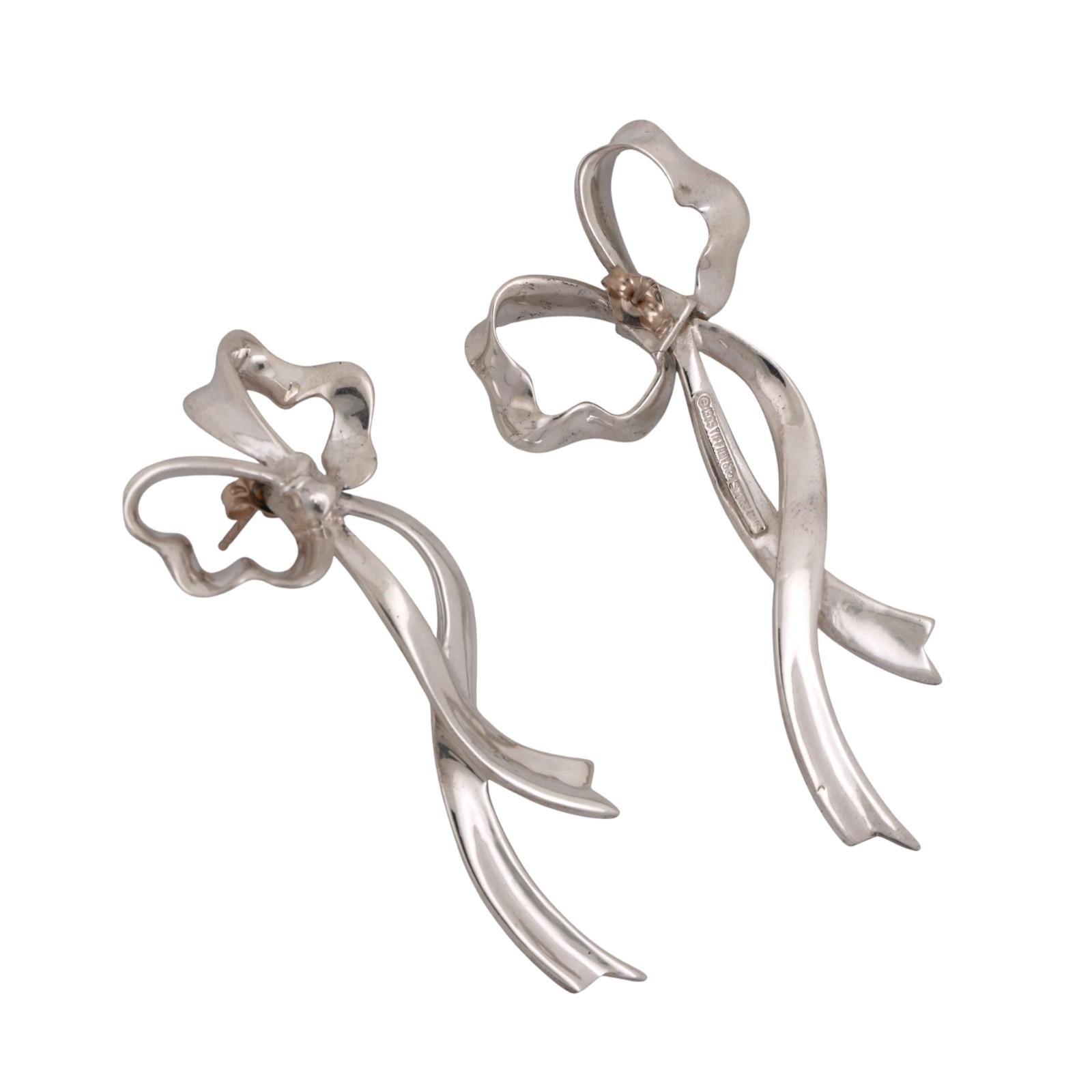 Vintage Tiffany & Co. 1985 Bow Ribbon Earrings Sterling Silver 1.85" Ladies