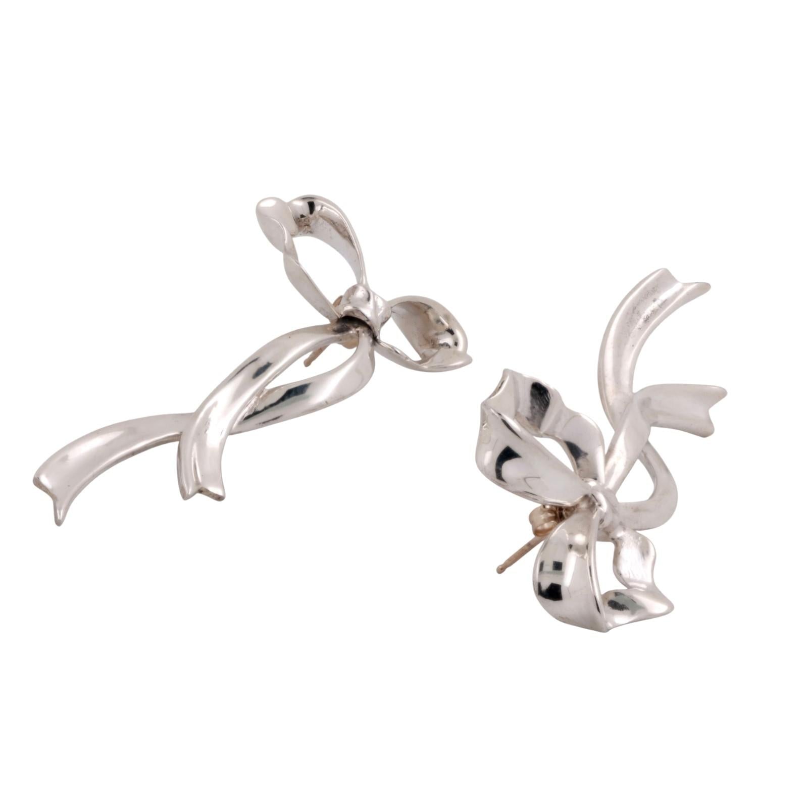Vintage Tiffany & Co. 1985 Bow Ribbon Earrings Sterling Silver 1.85" Ladies