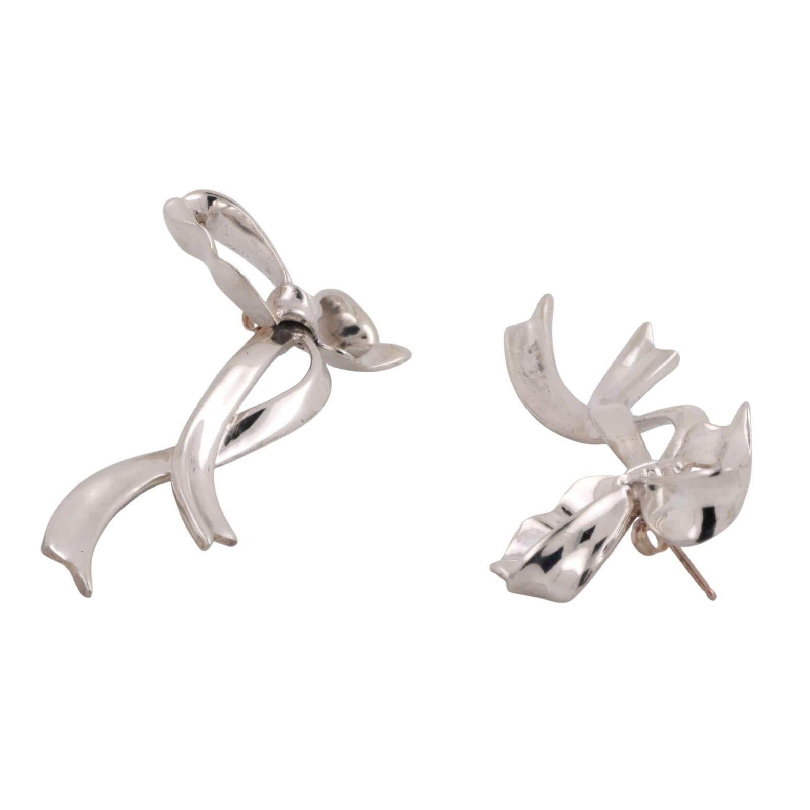 Vintage Tiffany & Co. 1985 Bow Ribbon Earrings Sterling Silver 1.85" Ladies