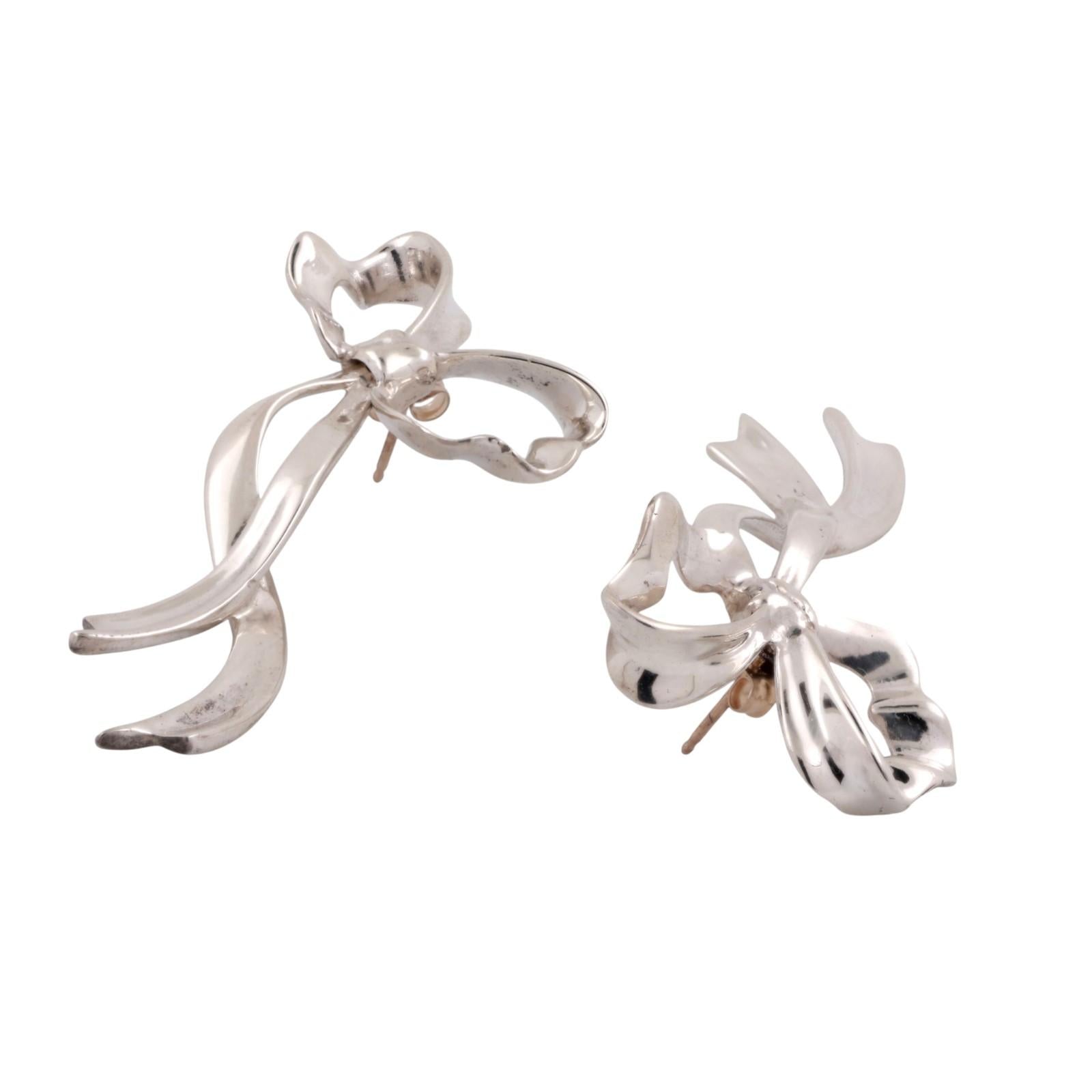 Vintage Tiffany & Co. 1985 Bow Ribbon Earrings Sterling Silver 1.85" Ladies