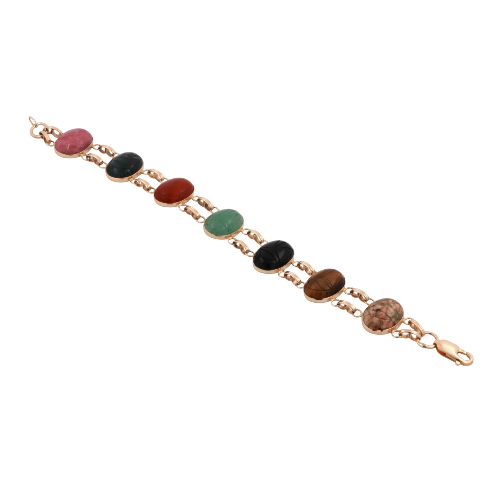 Vintage Scarab Gemstone Bracelet 14K Yellow Gold Oval Scarab Gems 7.75" Ladies