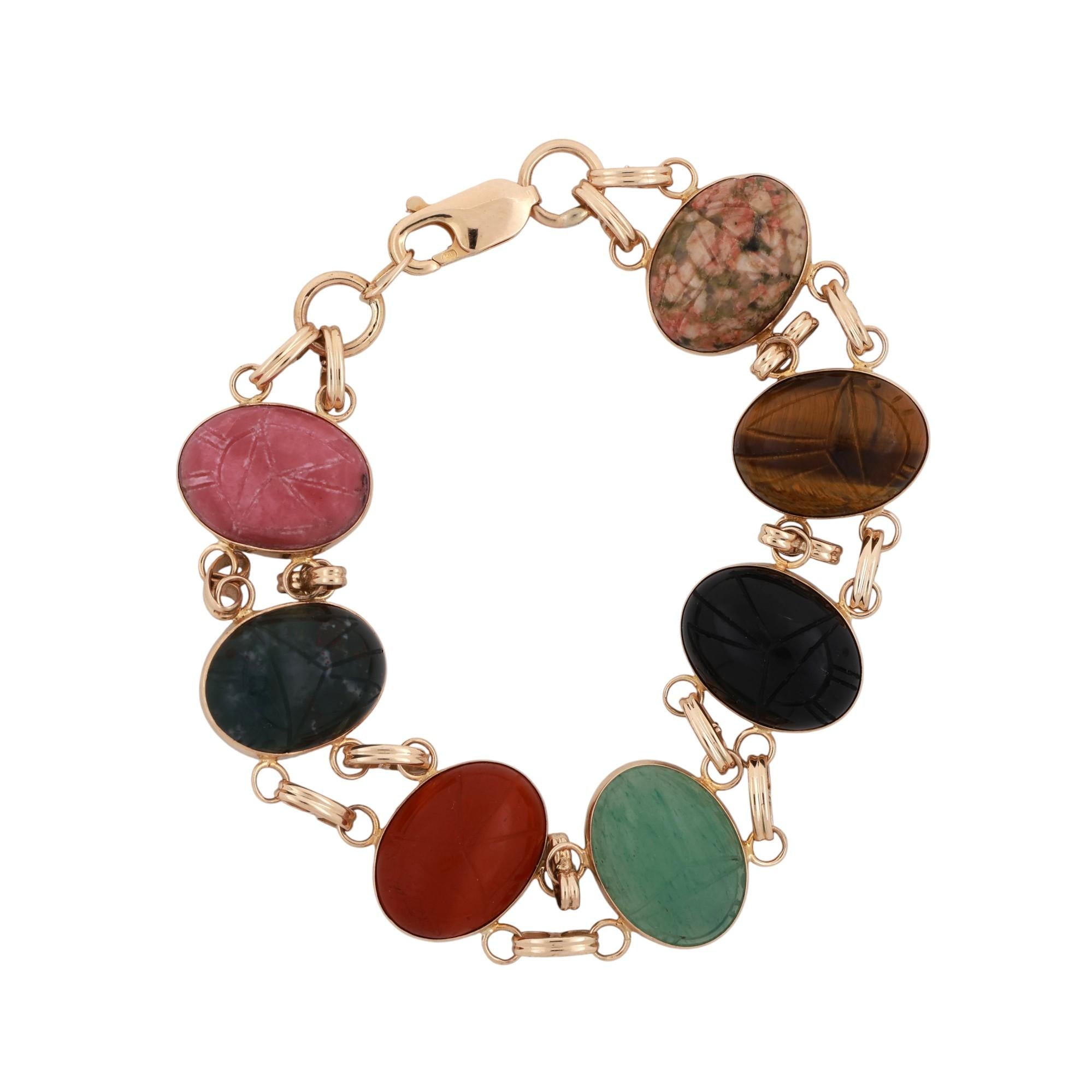 Vintage Scarab Gemstone Bracelet 14K Yellow Gold Oval Scarab Gems 7.75" Ladies