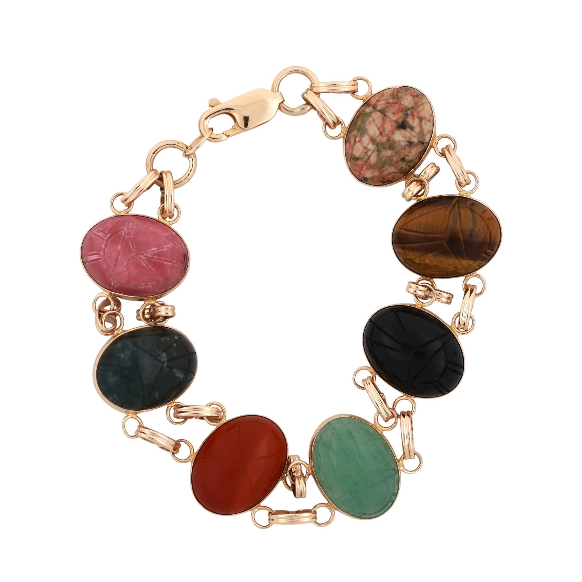 Vintage Scarab Gemstone Bracelet 14K Yellow Gold Oval Scarab Gems 7.75" Ladies