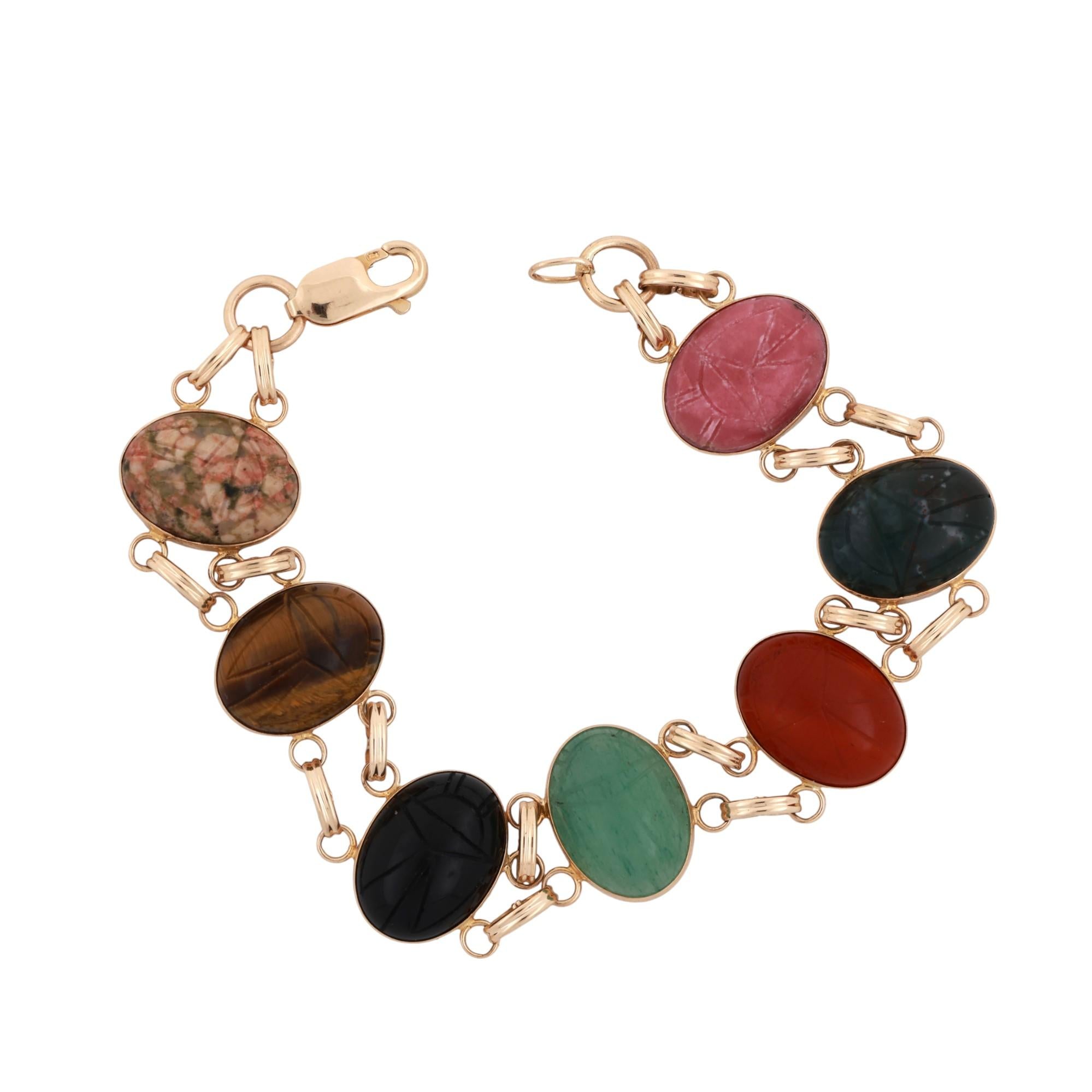 Vintage Scarab Gemstone Bracelet 14K Yellow Gold Oval Scarab Gems 7.75" Ladies