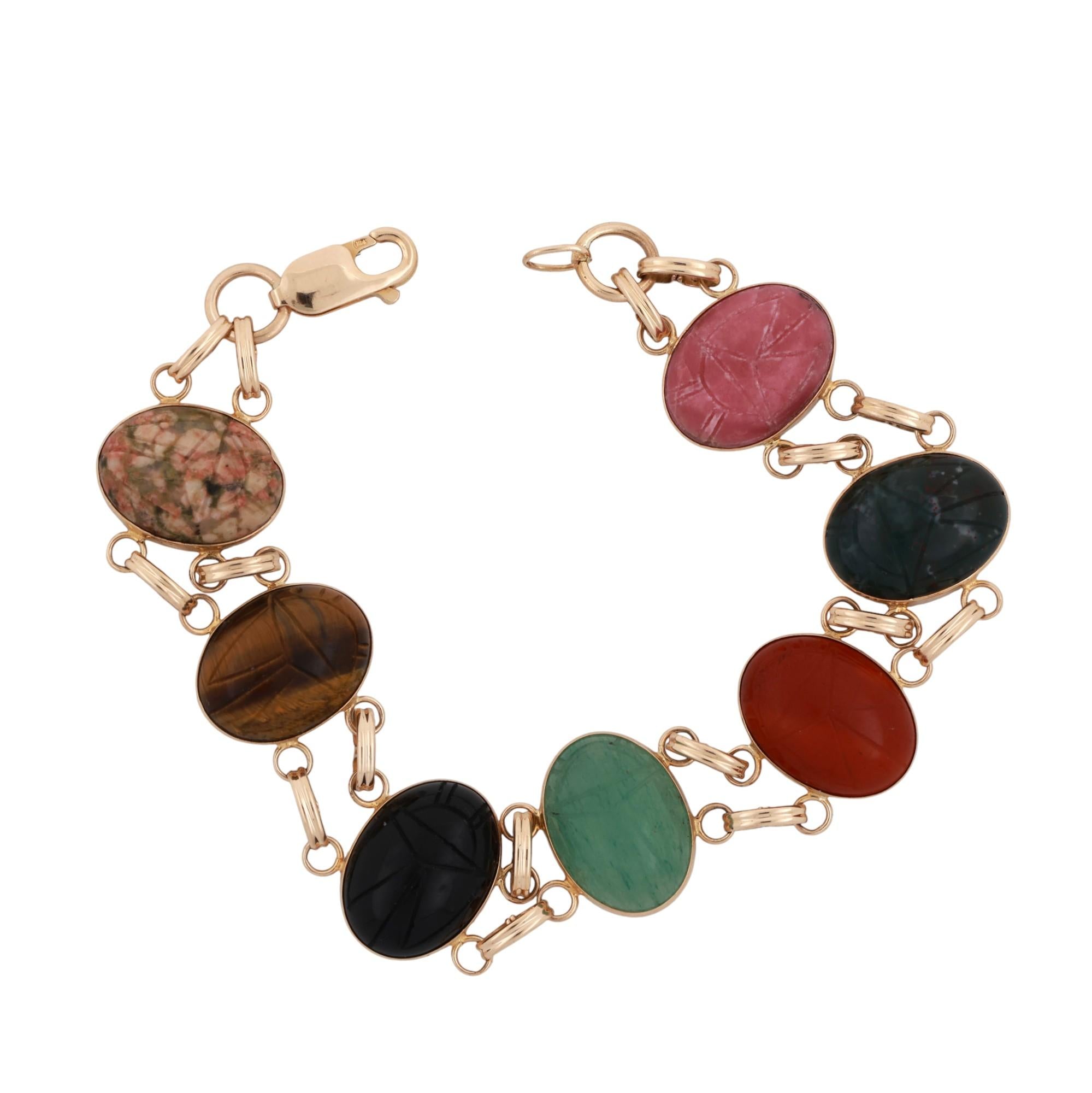 Vintage Scarab Gemstone Bracelet 14K Yellow Gold Oval Scarab Gems 7.75" Ladies