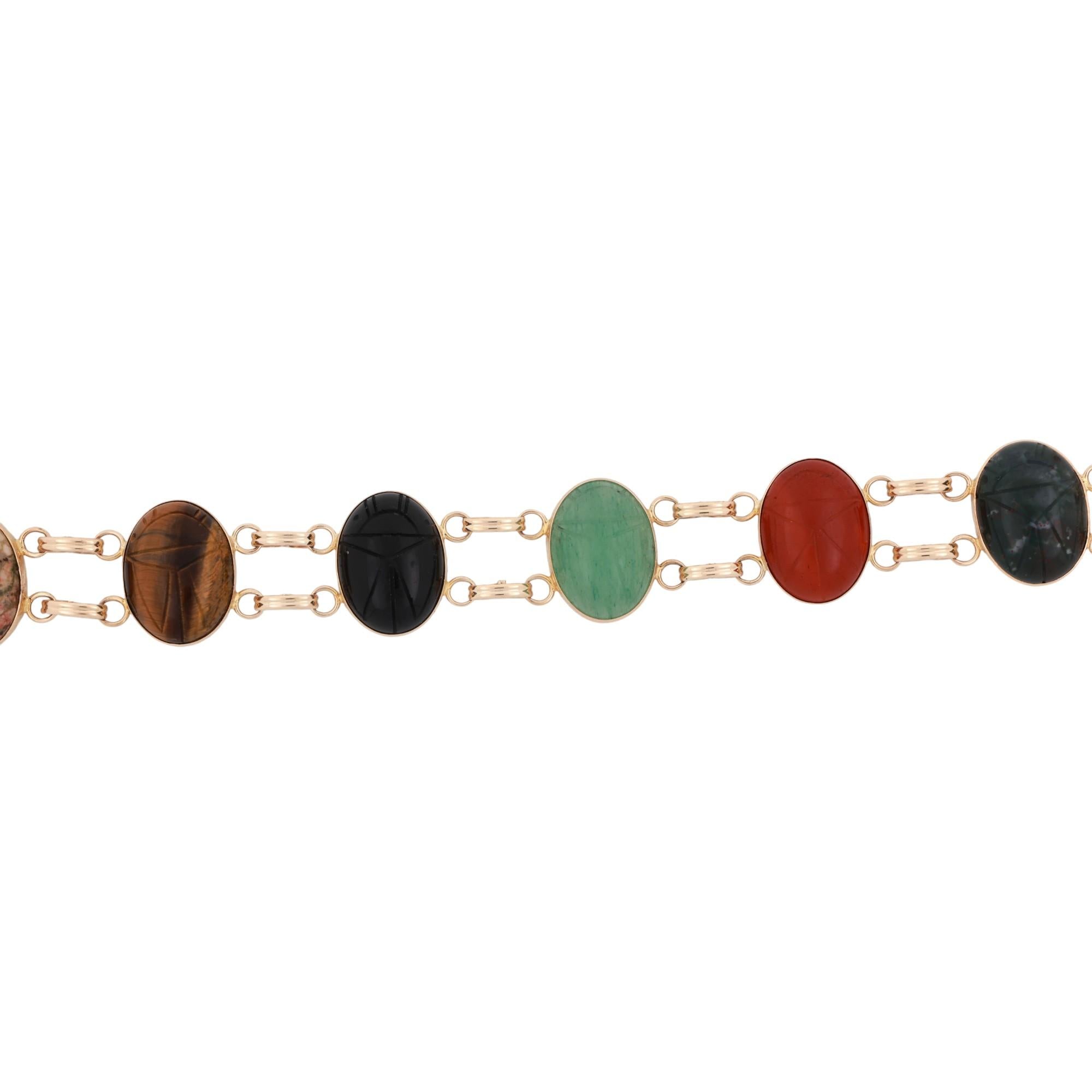 Vintage Scarab Gemstone Bracelet 14K Yellow Gold Oval Scarab Gems 7.75" Ladies