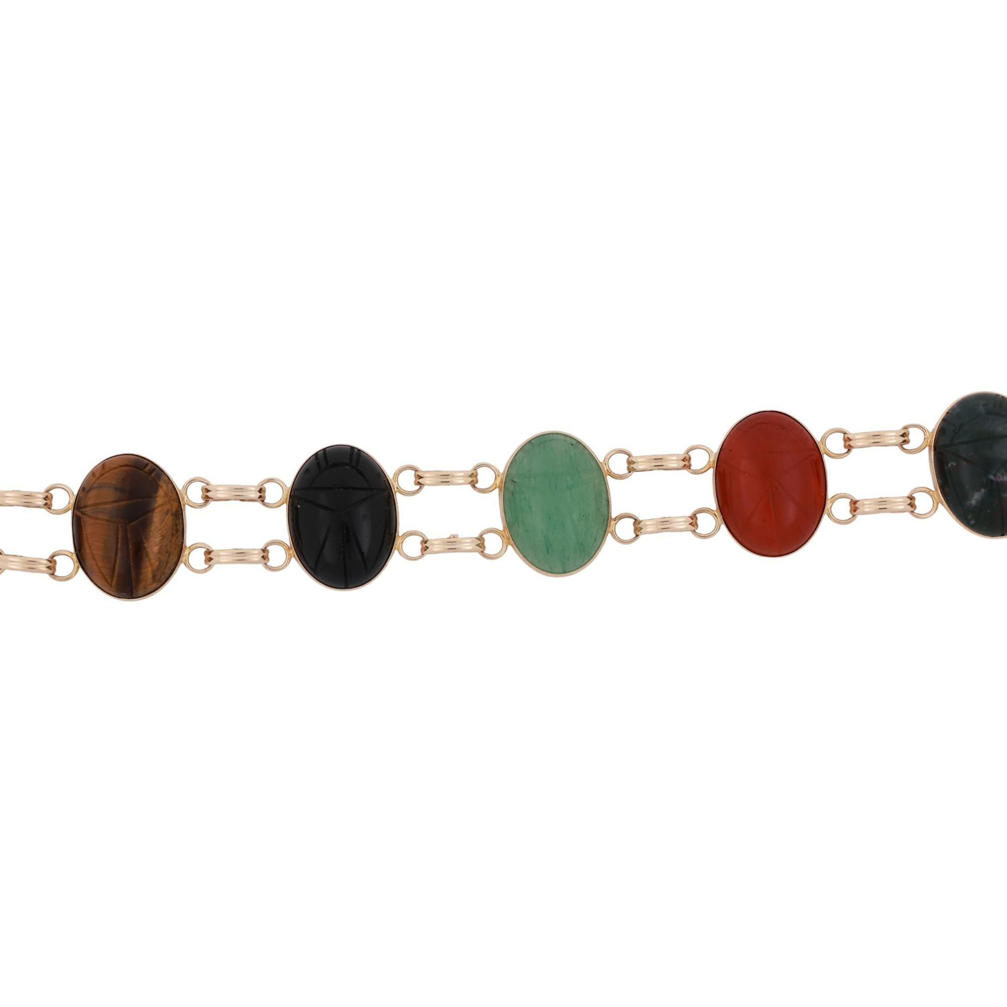 Vintage Scarab Gemstone Bracelet 14K Yellow Gold Oval Scarab Gems 7.75" Ladies