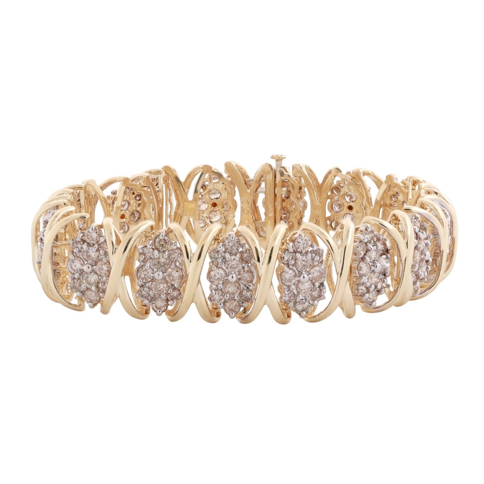 15.00 TW Cluster Diamond X Link Wide Bracelet 14K Gold 7.25" Ladies Estate