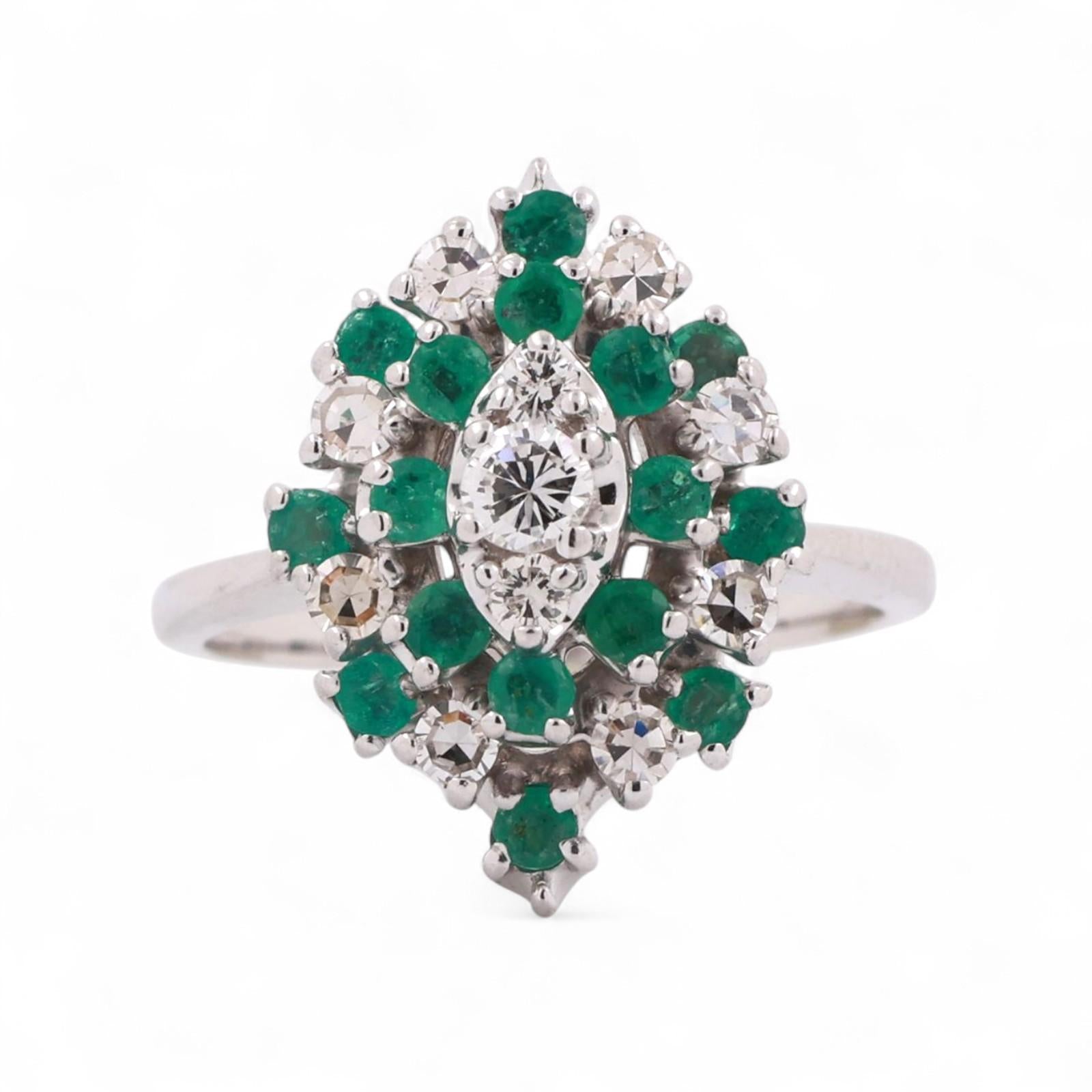 Vintage Emerald Diamond Statement Ring 14K White Gold 1.14 CTW Size 6.5 Estate