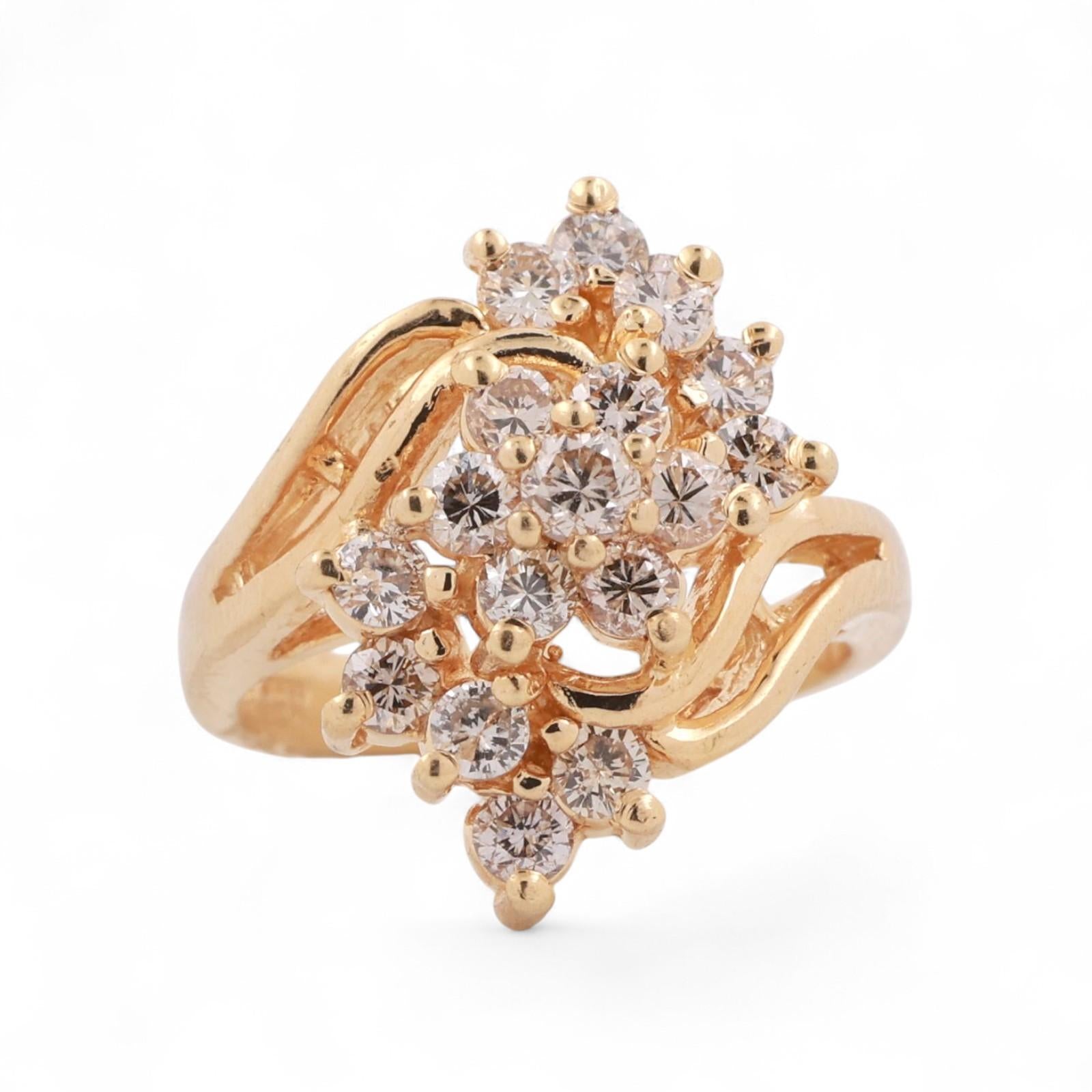 Cluster Diamond Floral Cocktail Ring 14K Yellow Gold 1.50 TW Size 5.25 Ladies