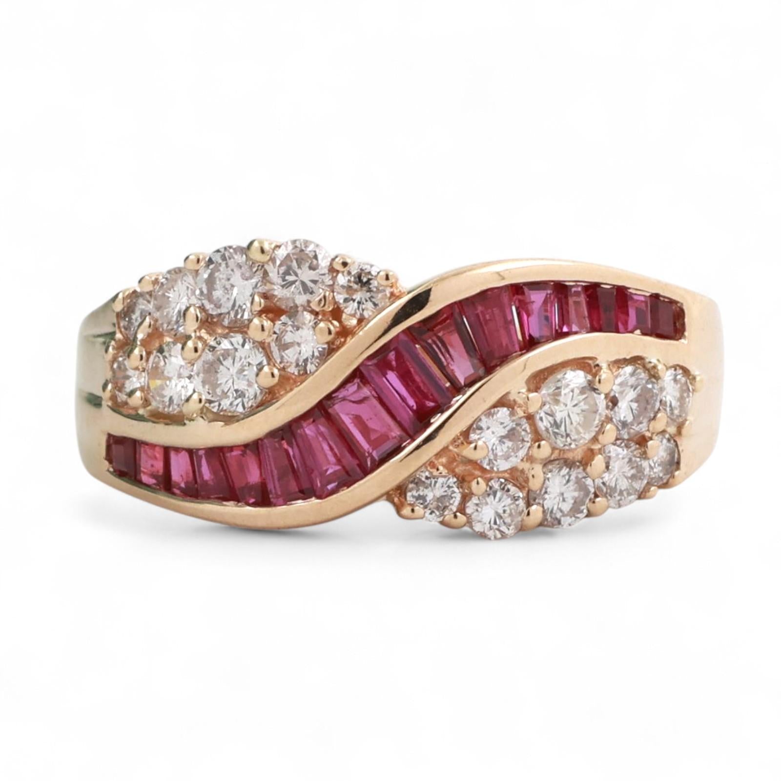 Ruby Diamond Crossover Ring 14K Yellow Gold 1.15 CTW Size 7.25 Ladies Estate