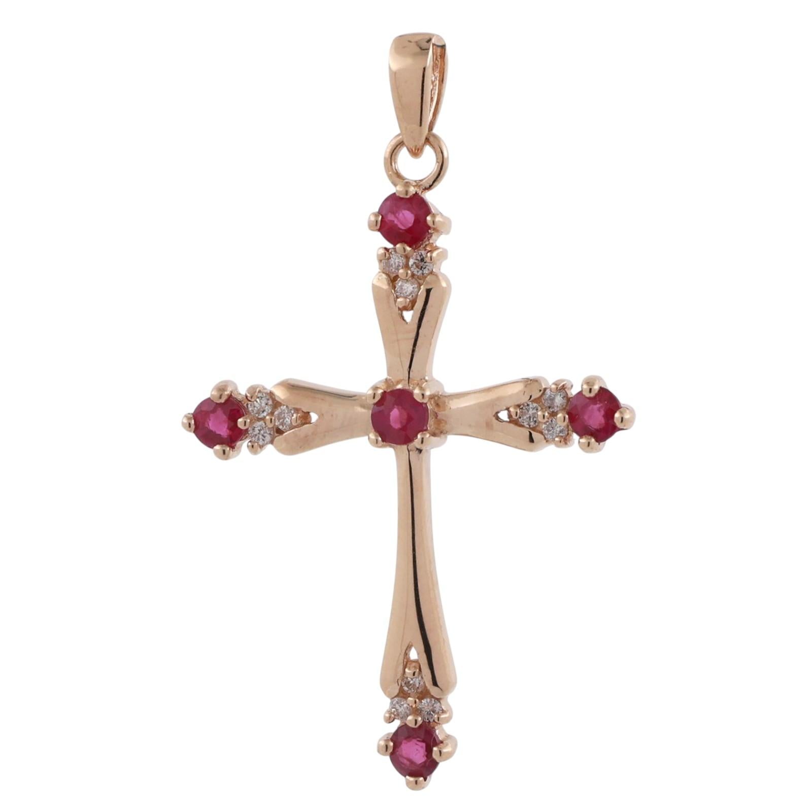 Religious Ruby Diamond Cross Pendant 14K Yellow Gold 0.65 TW 1.40" Estate
