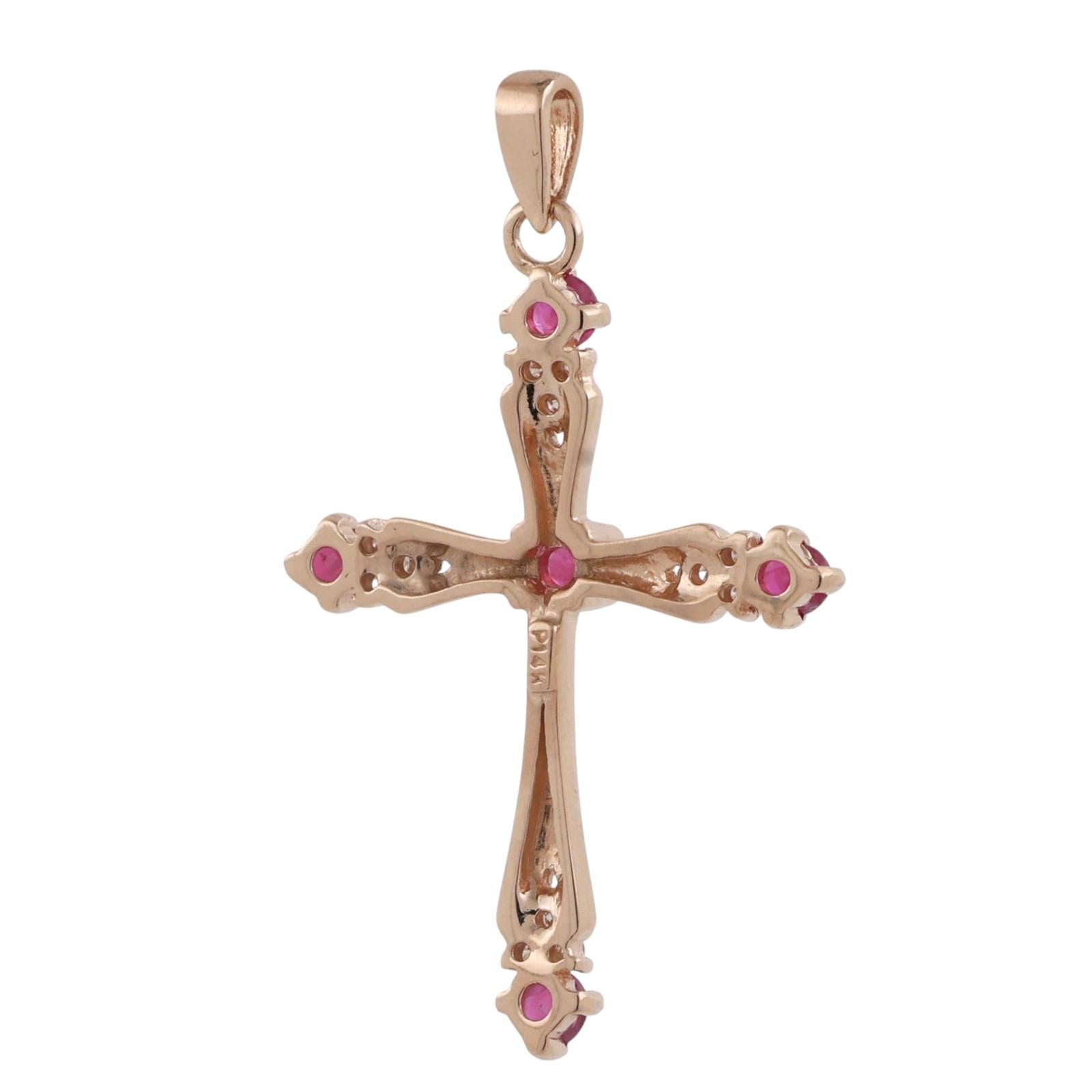 Religious Ruby Diamond Cross Pendant 14K Yellow Gold 0.65 TW 1.40" Estate