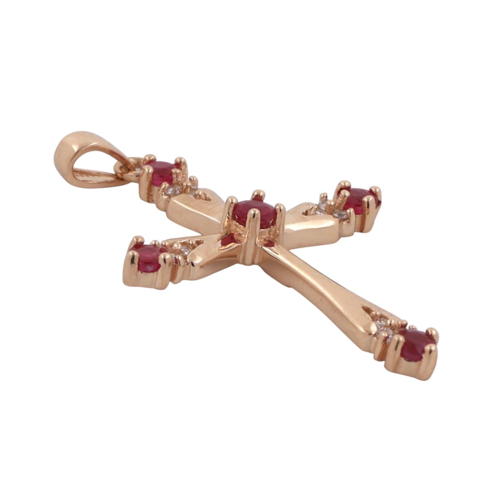 Religious Ruby Diamond Cross Pendant 14K Yellow Gold 0.65 TW 1.40" Estate